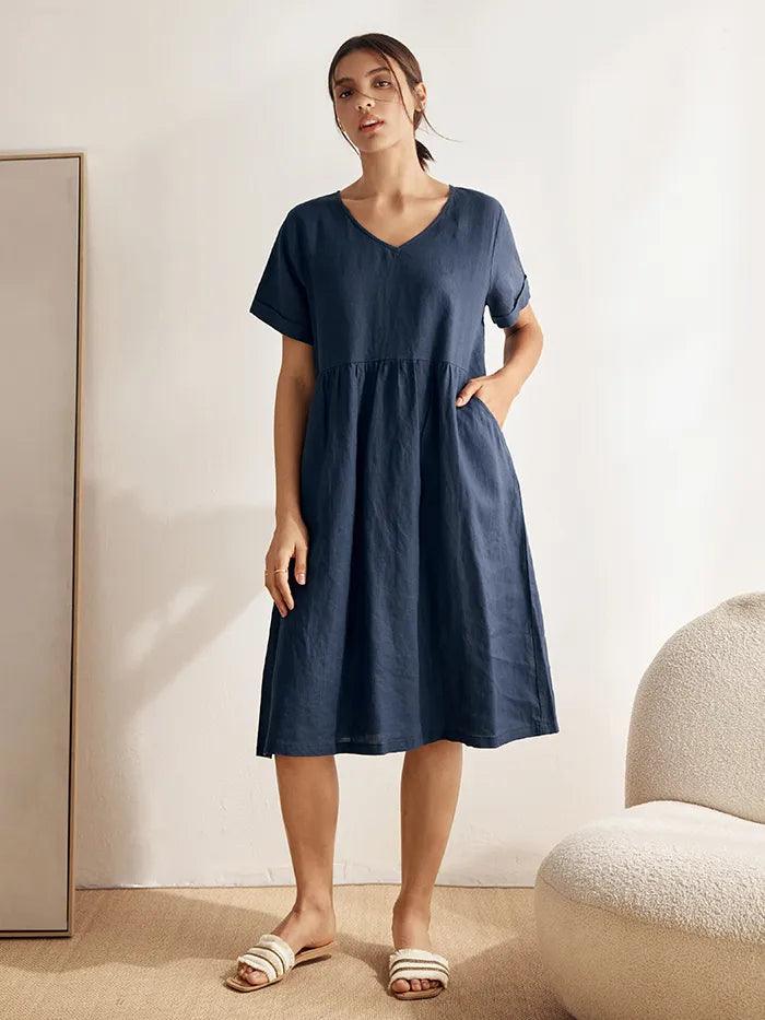 100% Linen V-Neck Waist Ruched Pocket Dress CHARLOTTE