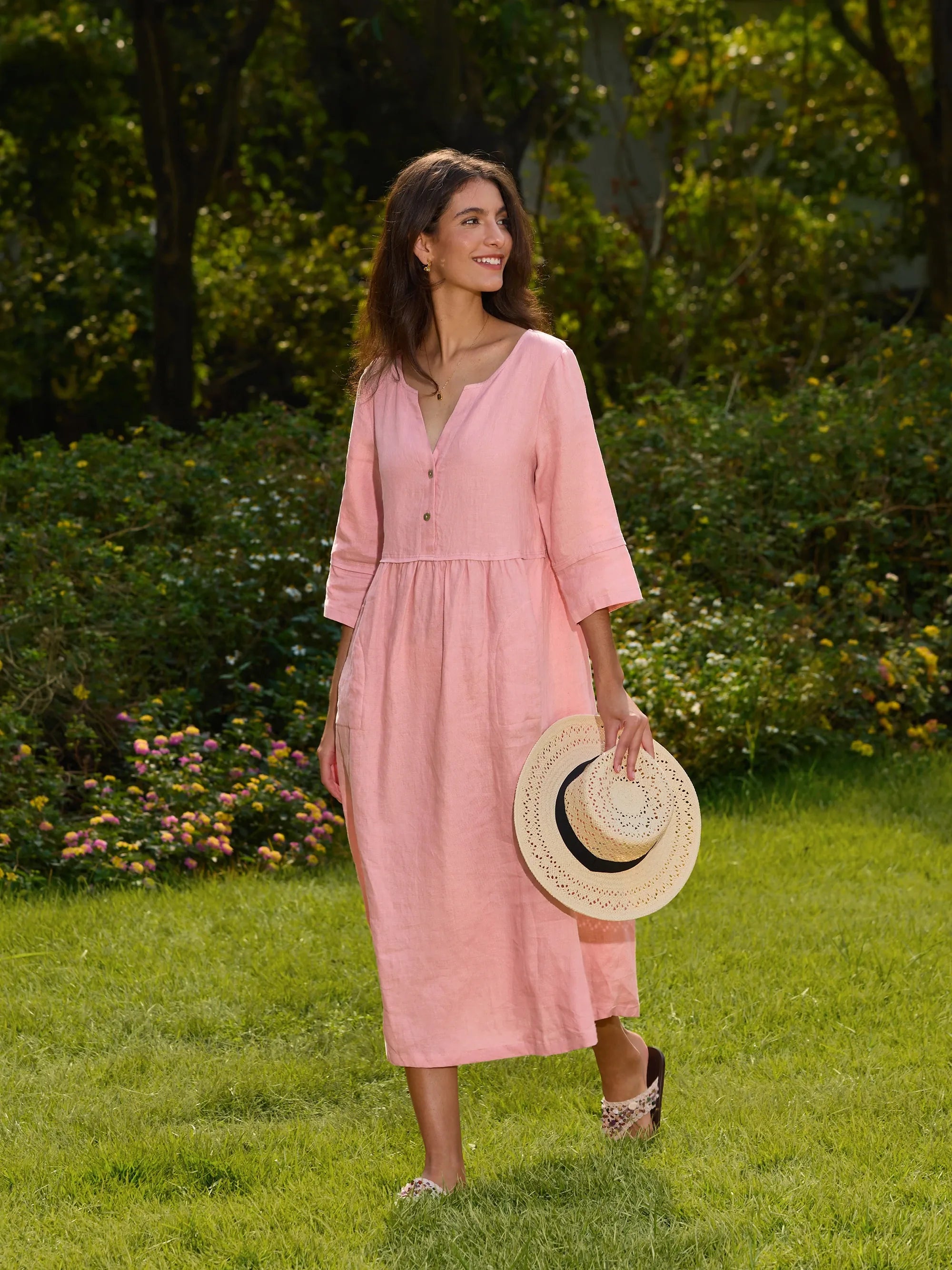 100% Linen Loose Fit Button Waist Gathered Maxi Dress LUNA