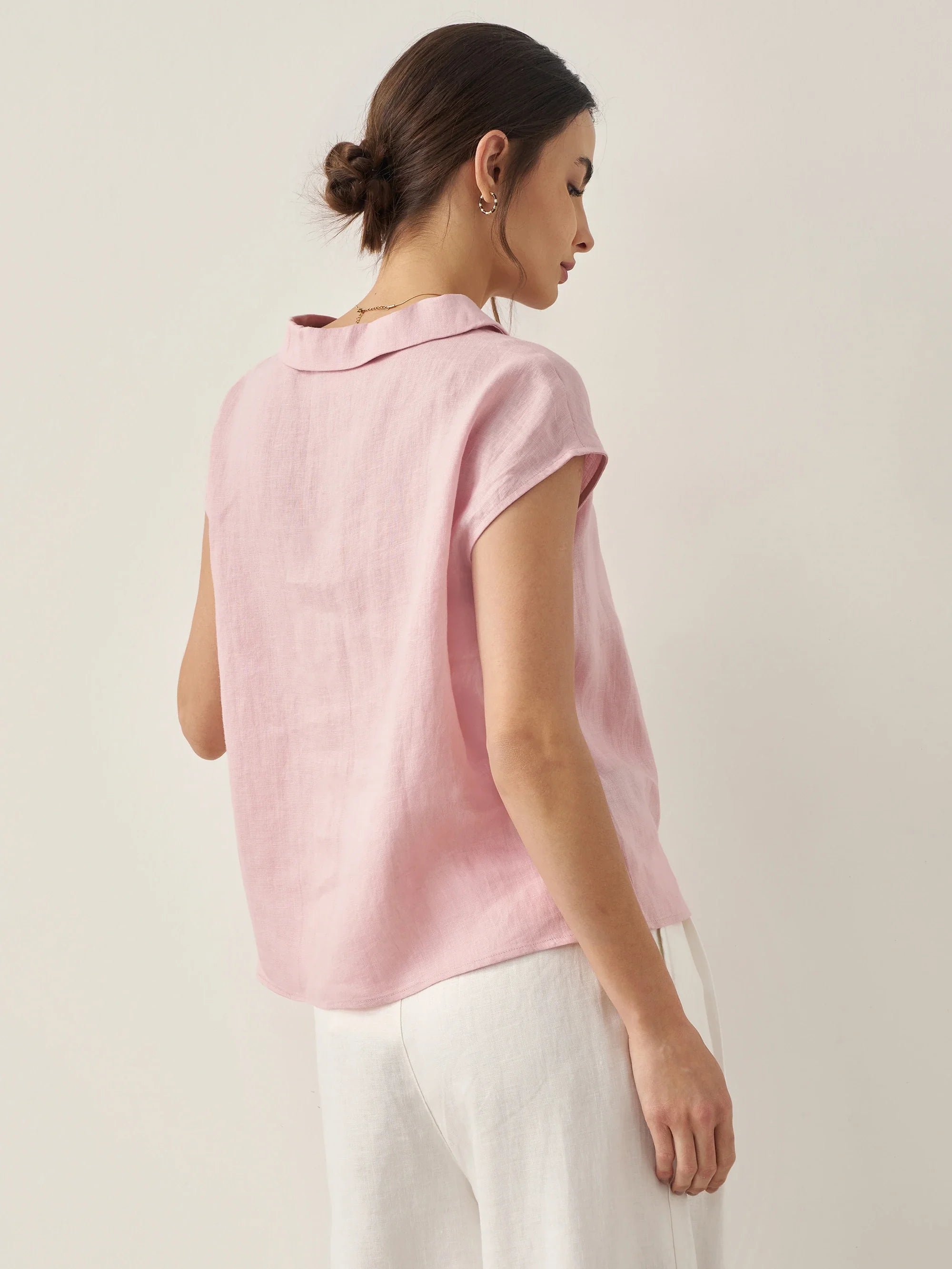 100% Linen Shawl V-Neck Cap Sleeves Top ELARA