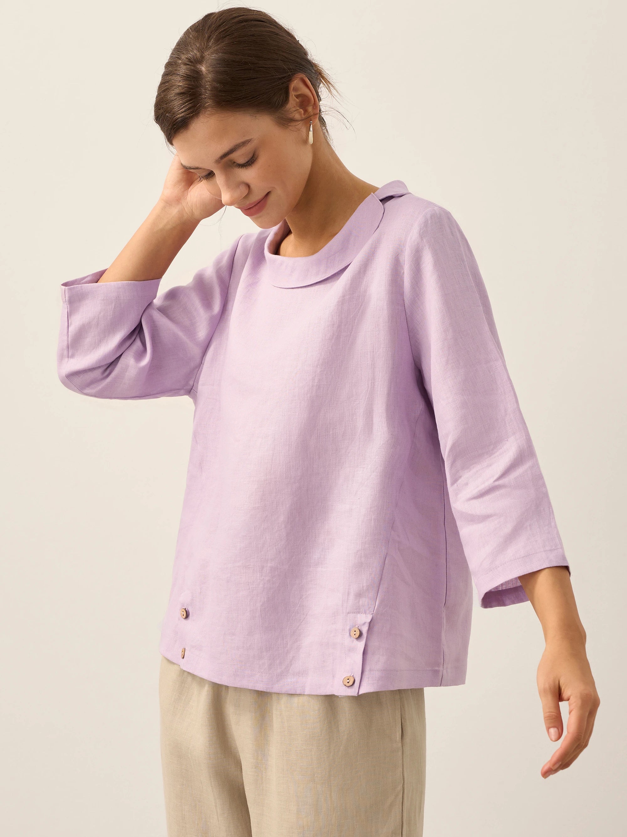 Linen Gingham Checked Round Soft-Fold Collar Top LAURA