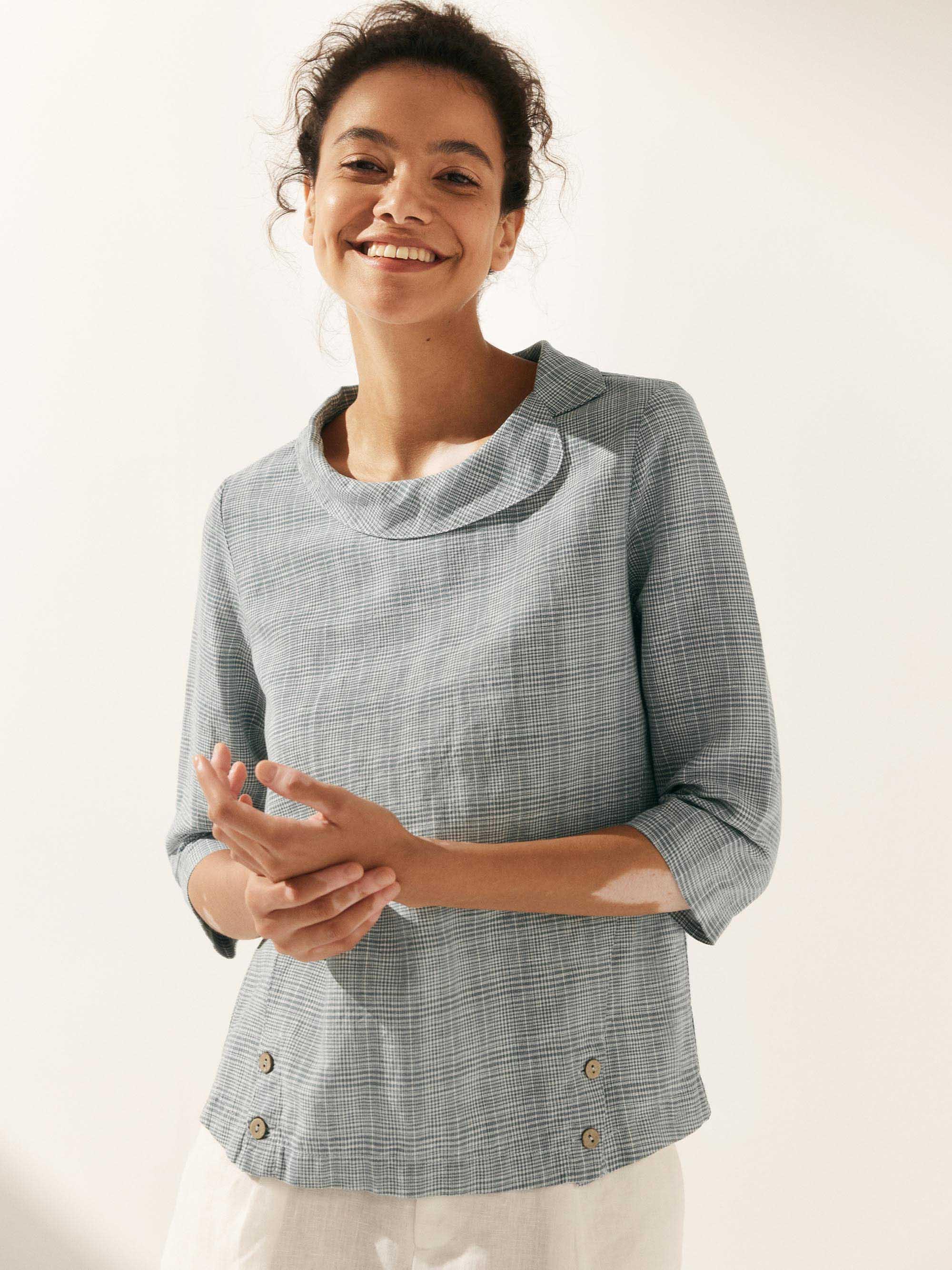 Linen Gingham Checked Round Soft-Fold Collar Top LAURA