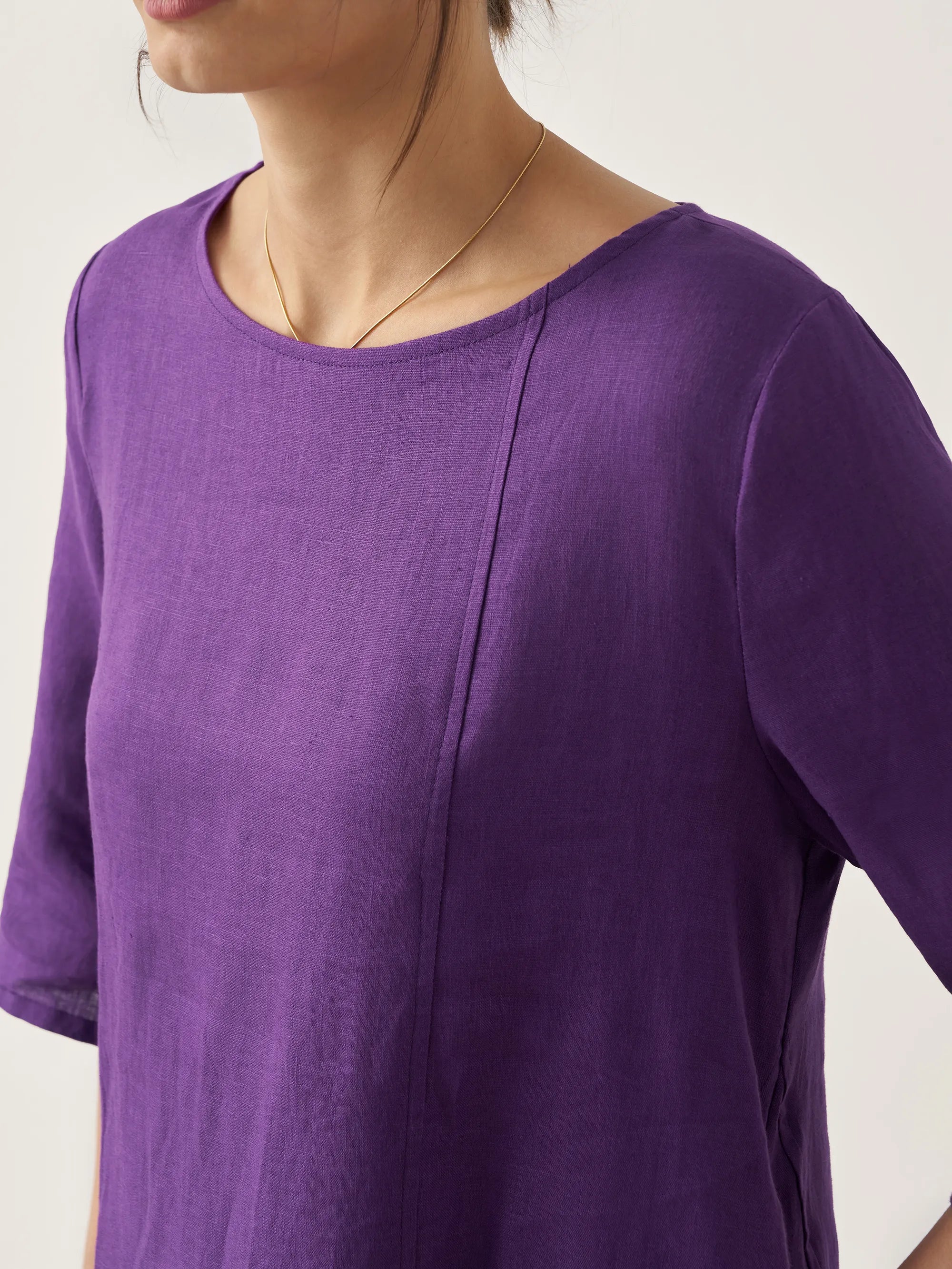 100% Linen Collarless Mid-Length Dress