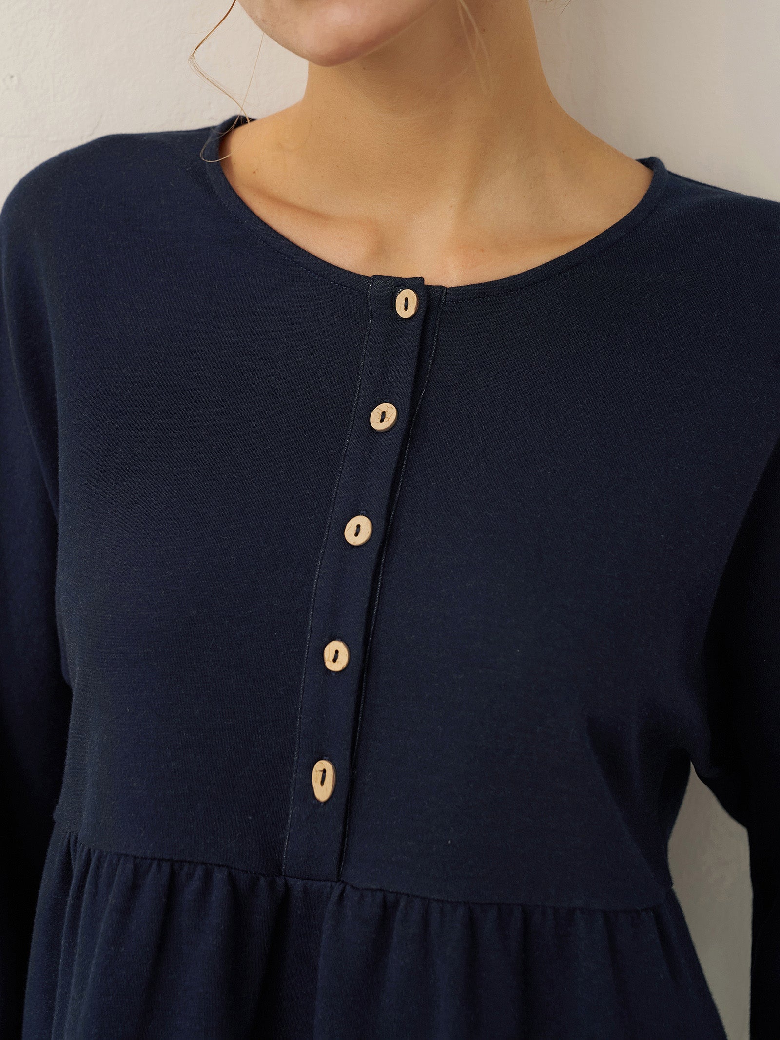 Cotton Patchwork Cuff Button Decor Top