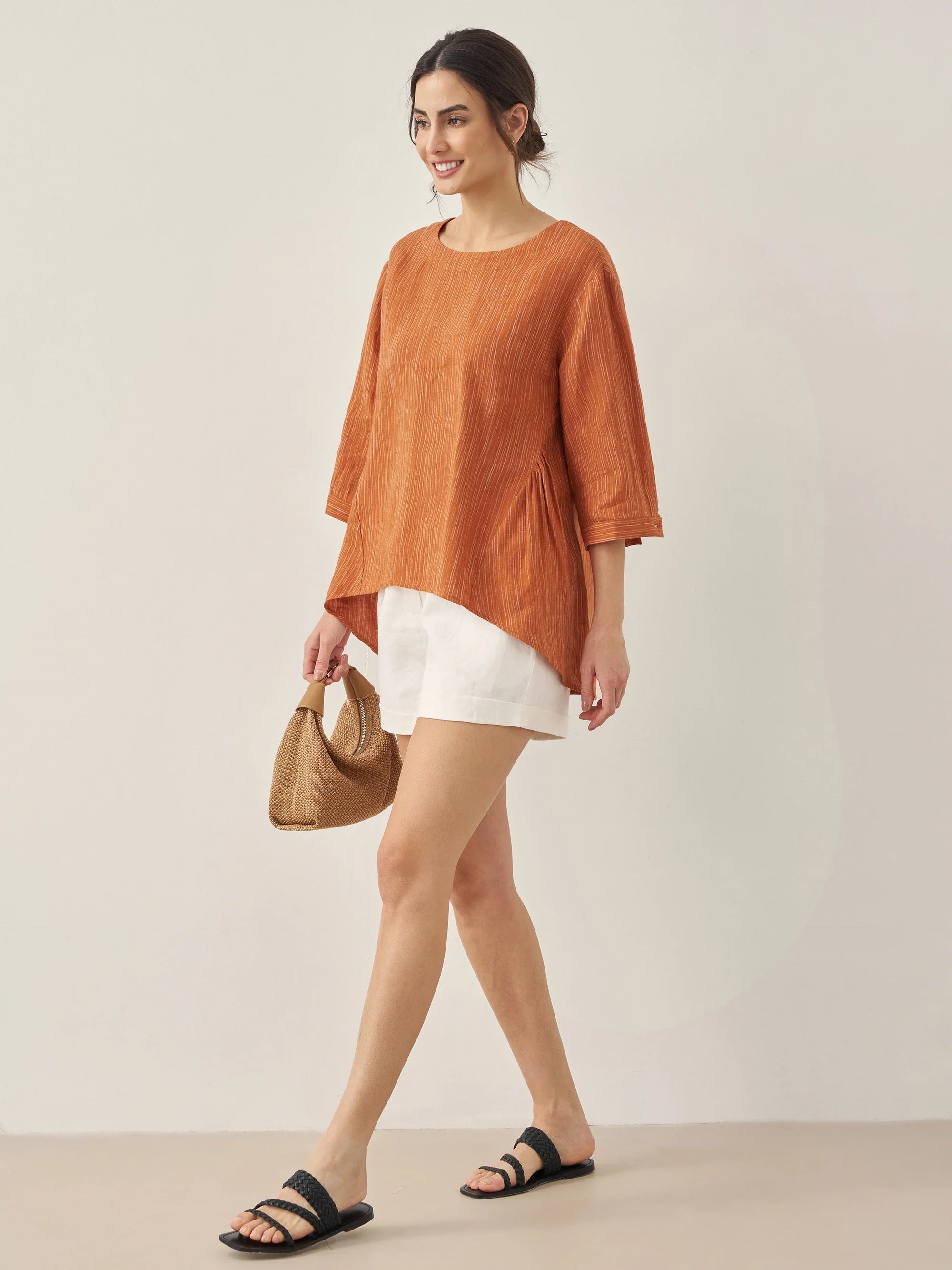 100% Linen Round Neck Artistic Stripe Top FLORENCE