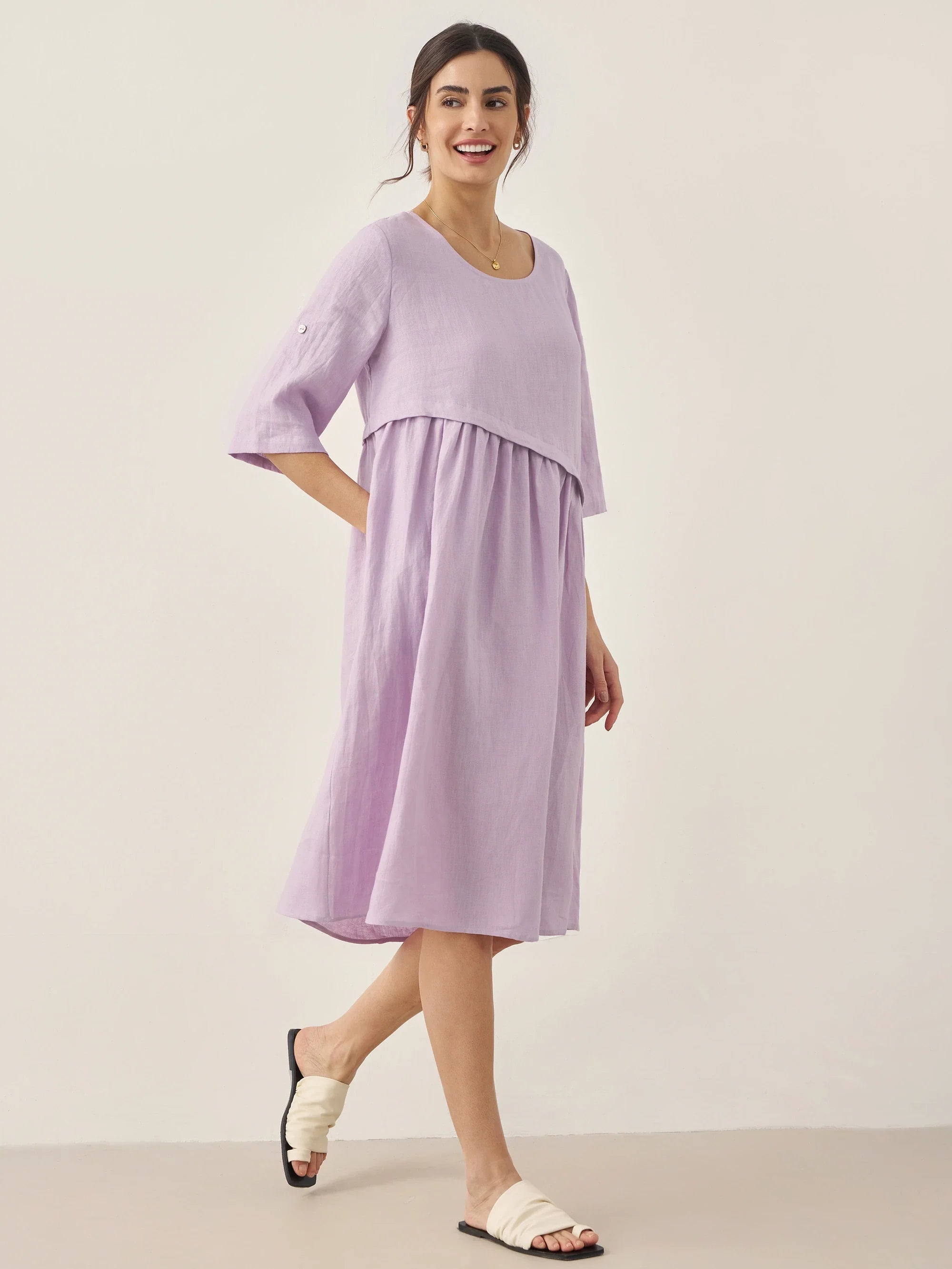 100% Linen Asymmetrical Pleated Round Neck Midi Dress YOLANDA