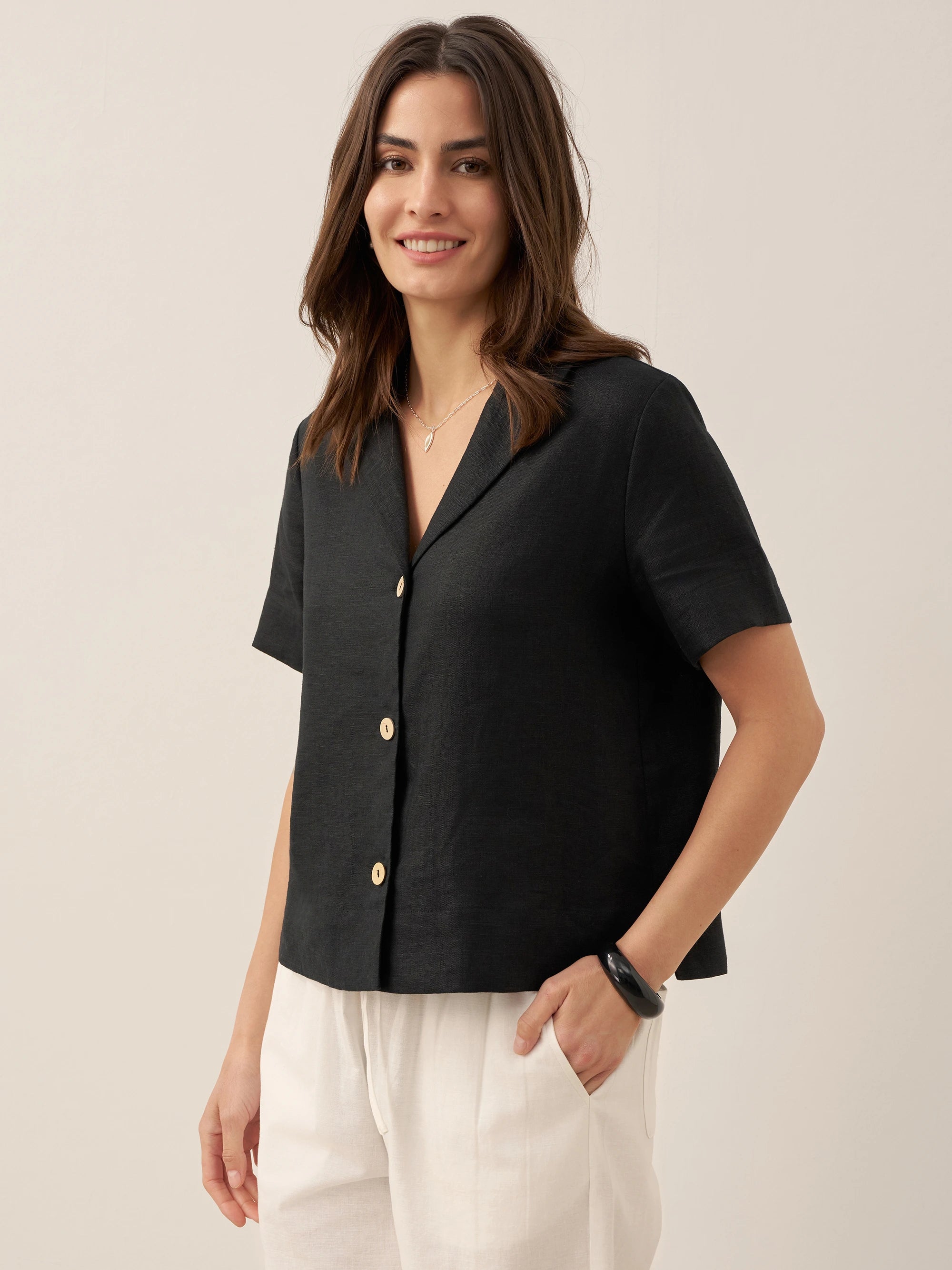 100% Linen Button-Up Short Sleeve Shirt ORENDA