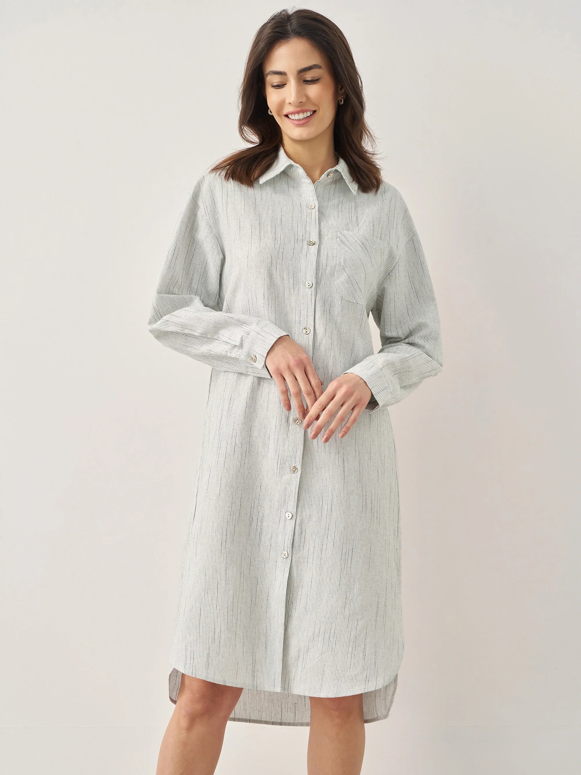 Linen Button-Front Artistic Stripe Shirt Dress JULIA