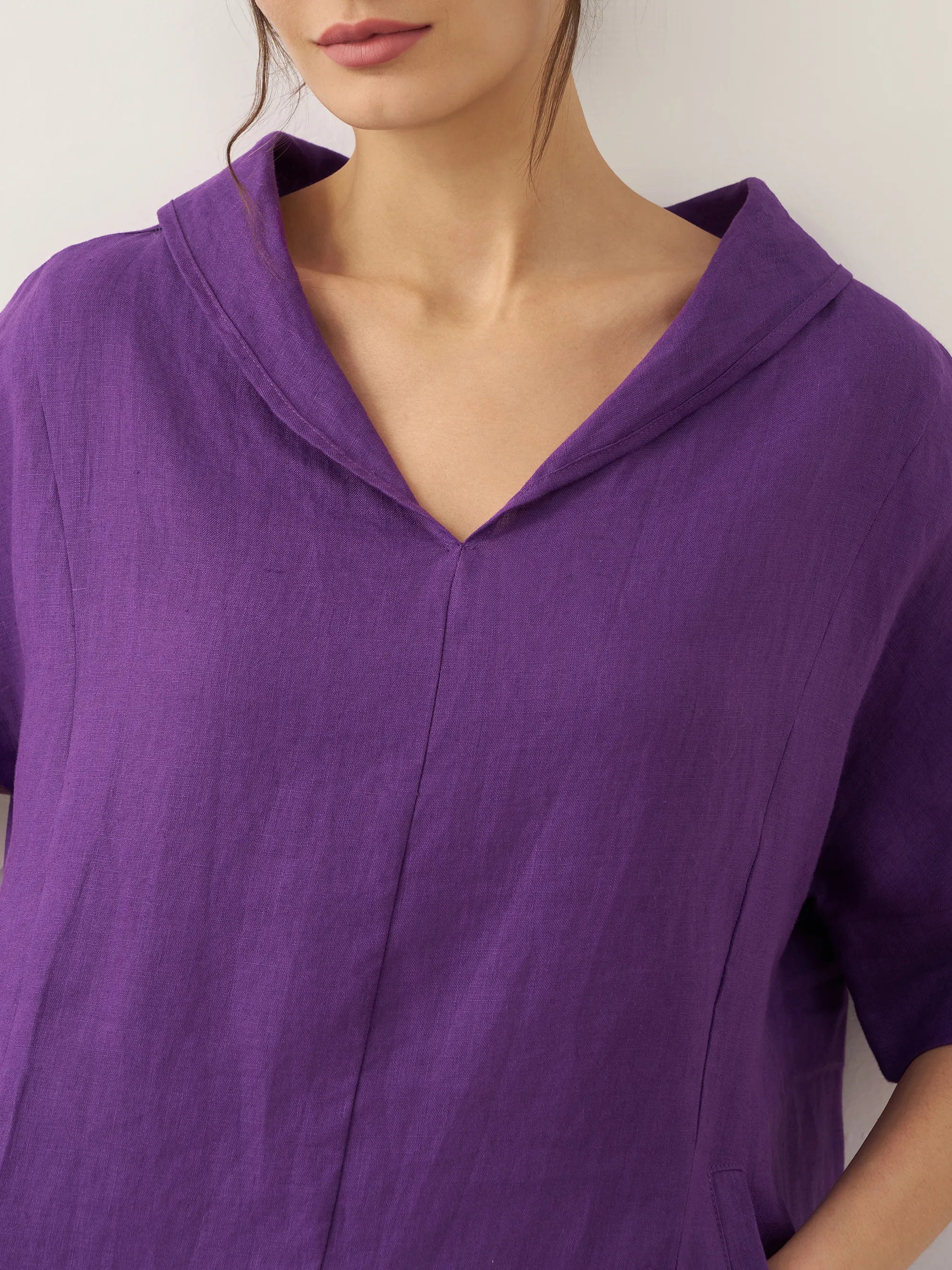 100% Linen V-Neck Pullover Midi Dress AUBREY