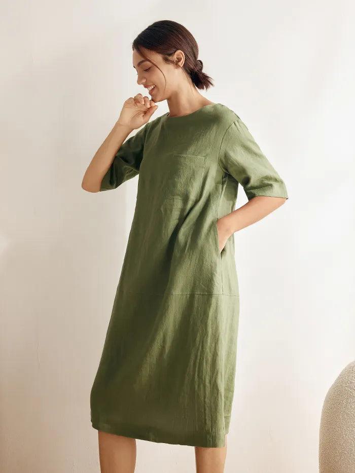 100% Linen Mid-Sleeve Maxi Dress