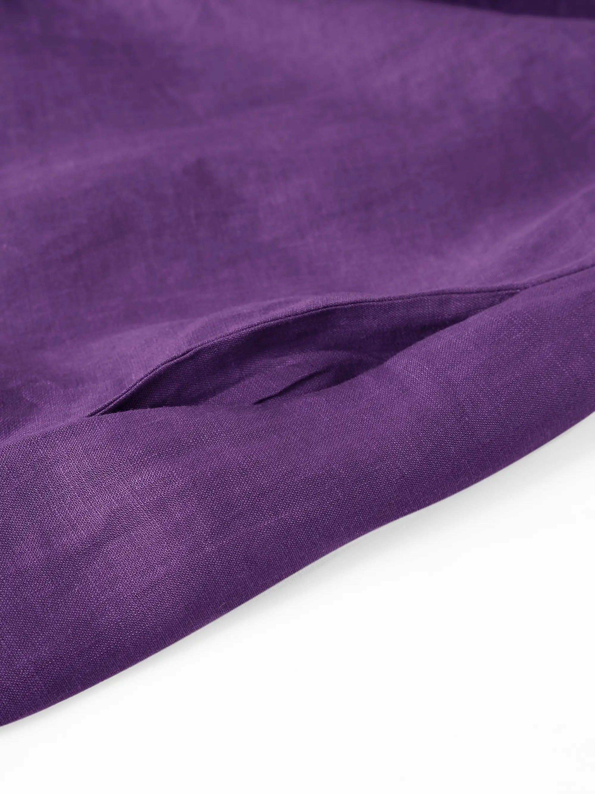 100% Linen Collarless Mid-Length Dress