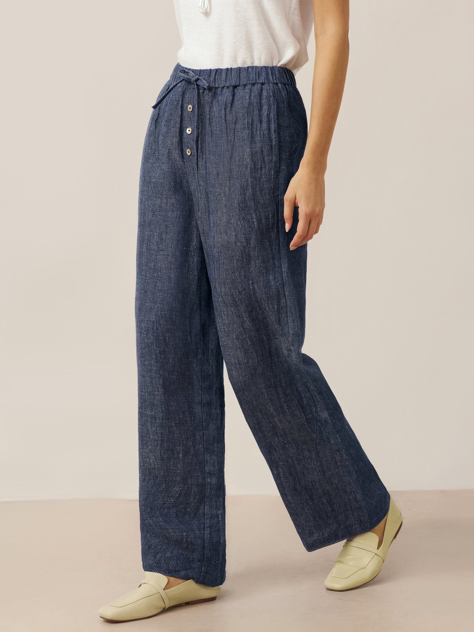 100% Linen Denim Texture Elastic Waist Straight Leg Pants HAZEL