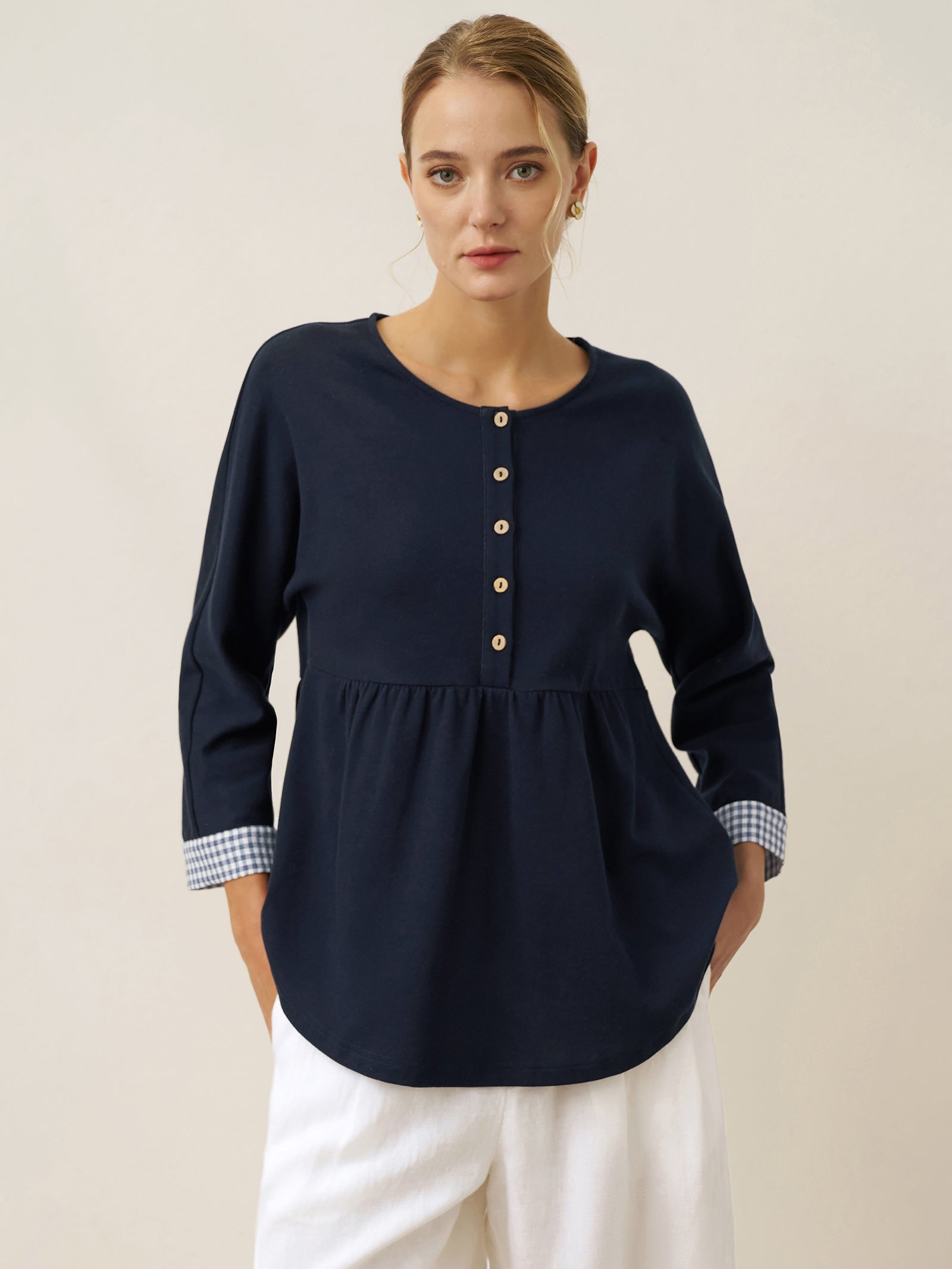 Cotton Patchwork Cuff Button Decor Top