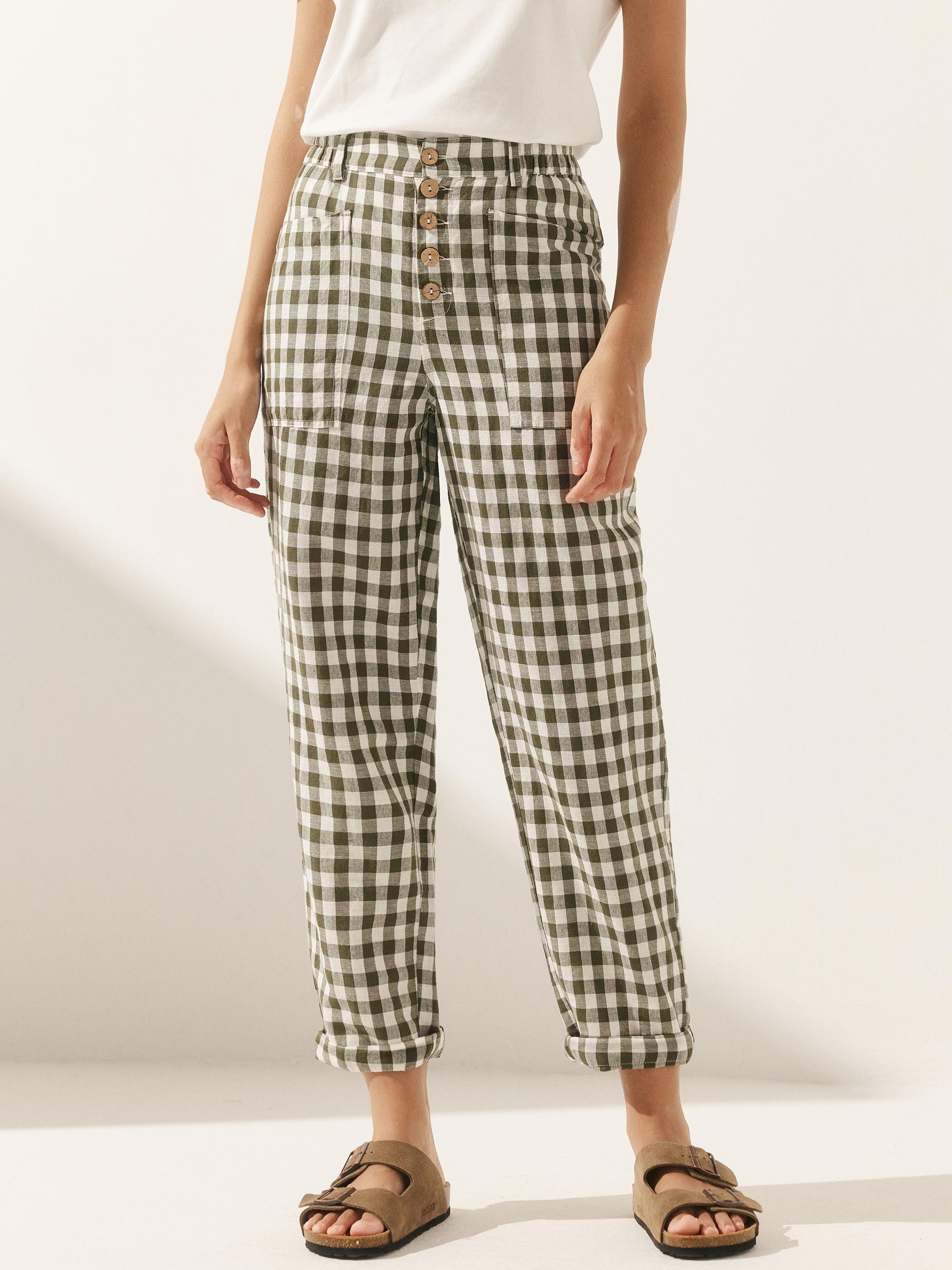 Linen Simple Checked Button Fly Trousers