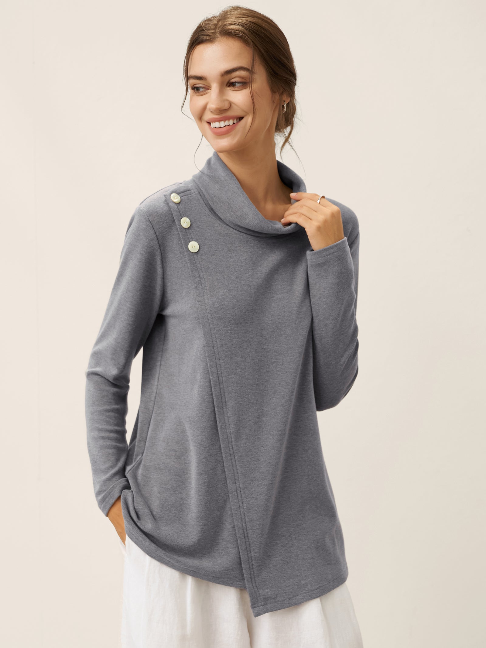 Mock Neck Buttoned Stretch Top