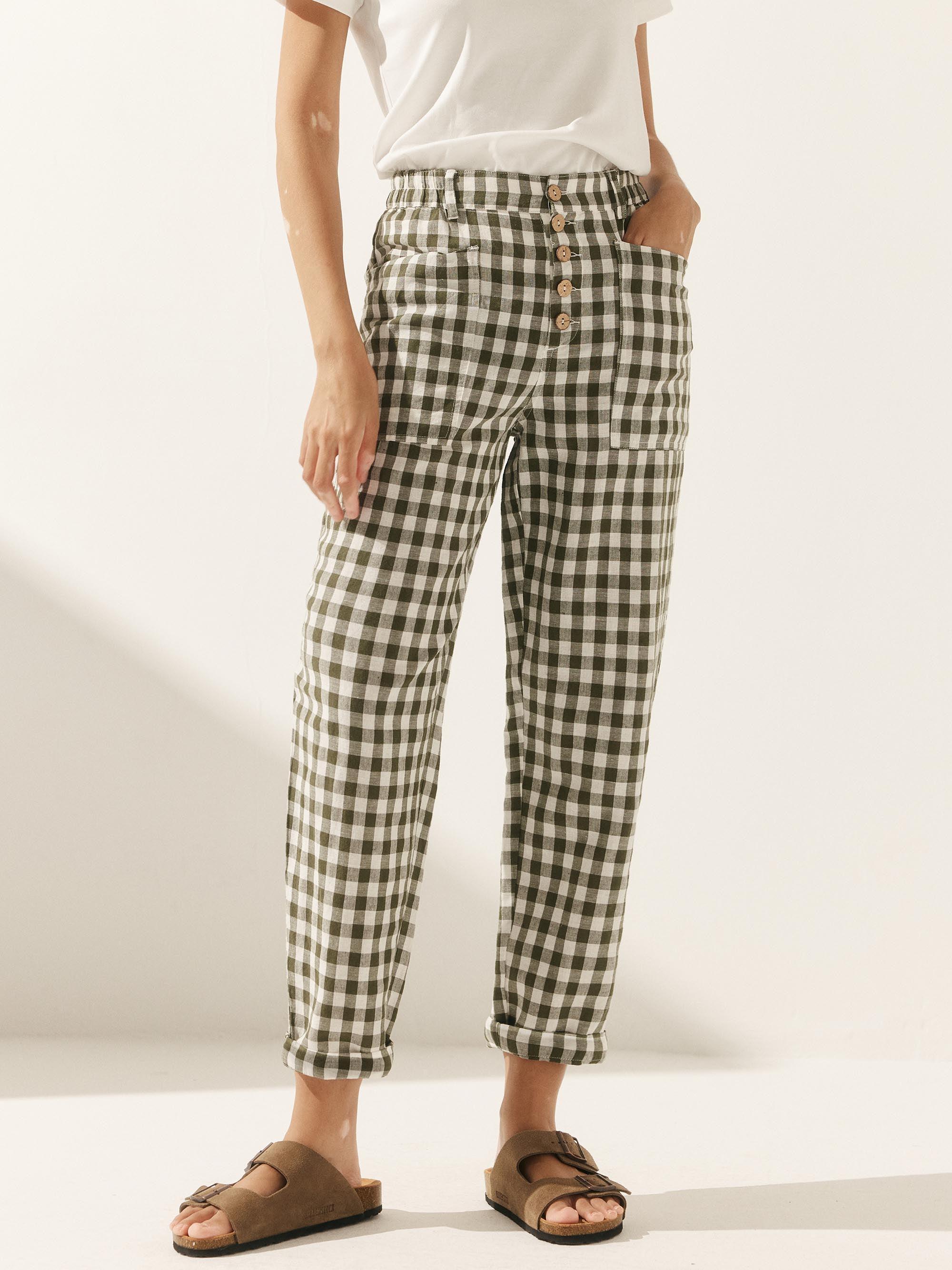 Linen Simple Checked Button Fly Trousers