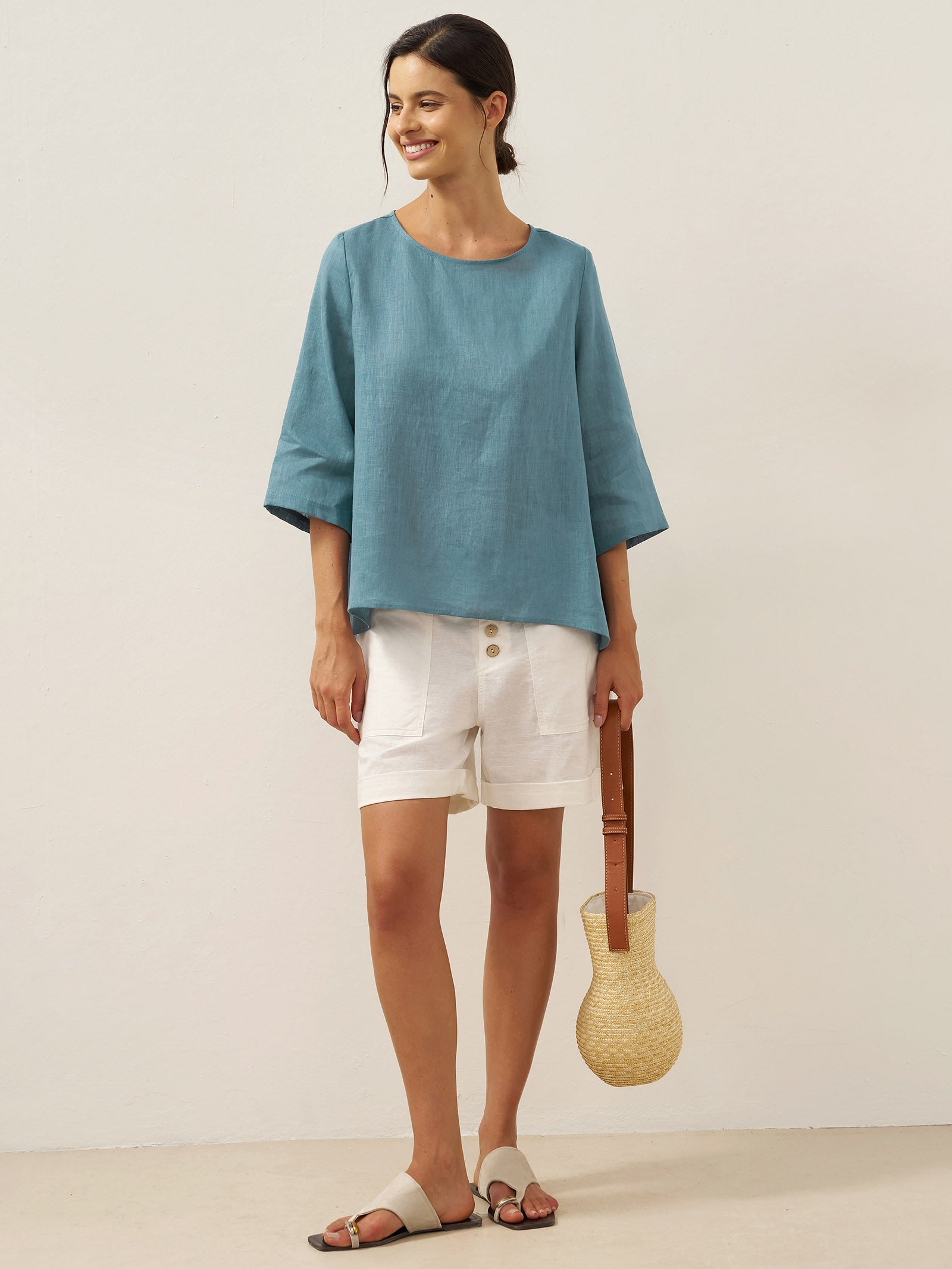 100% Linen Round Neck Asymmetrical Hem Top BRIANNA