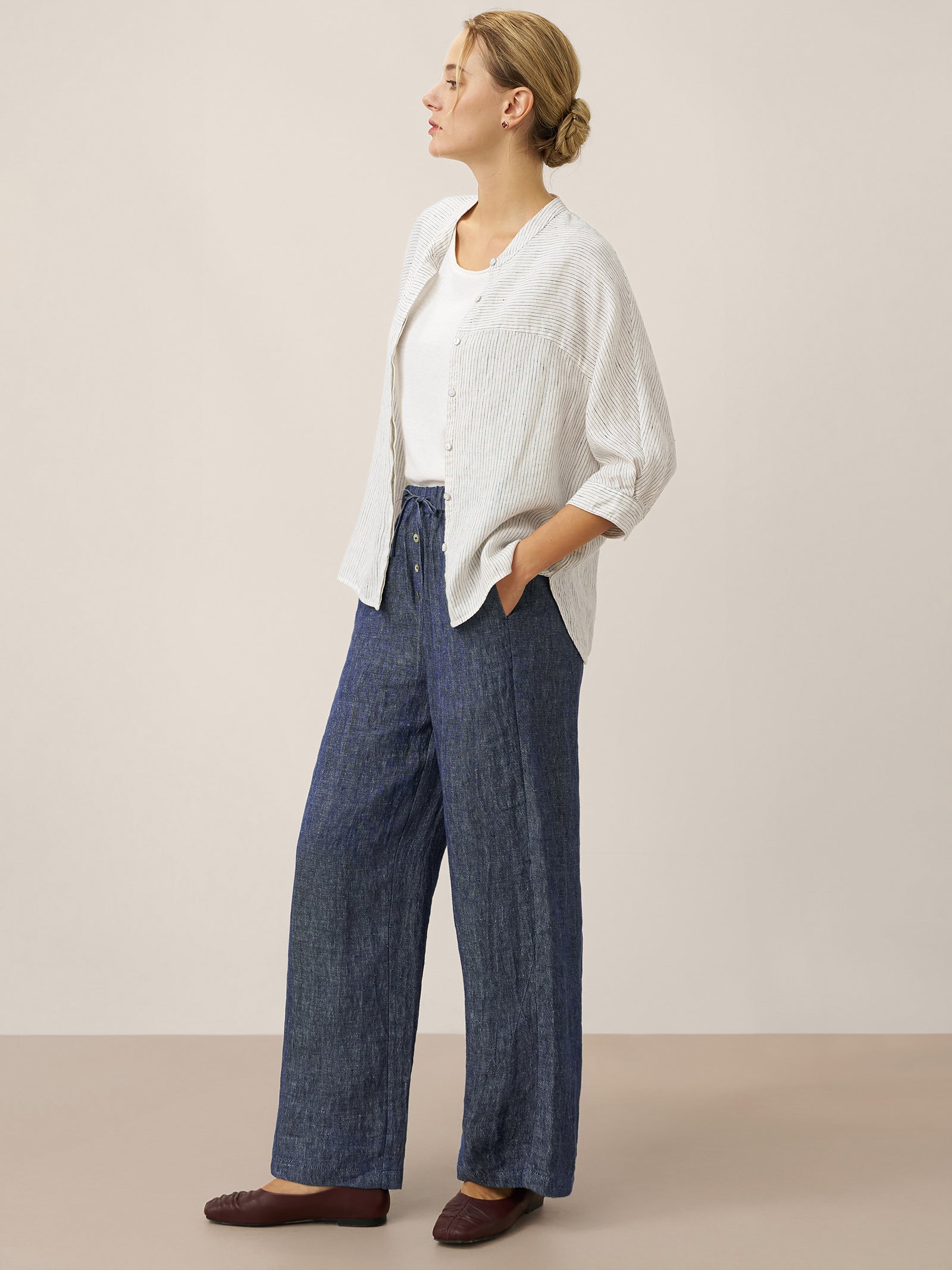 100% Linen Striped Three-Quarter Sleeve Shirt SKYLAR