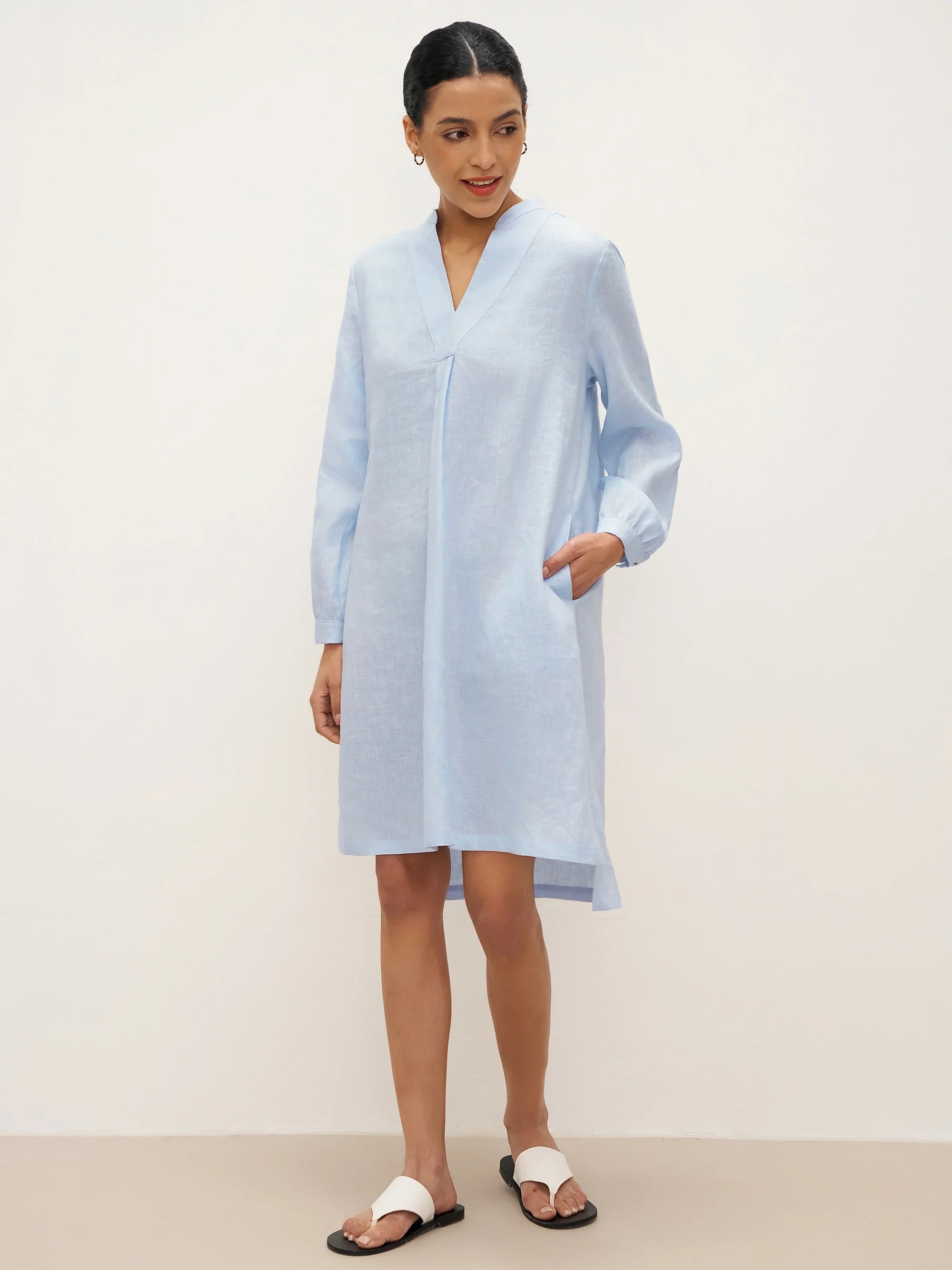 100% Linen V-Neck Pullover Shirt Dress JADEN
