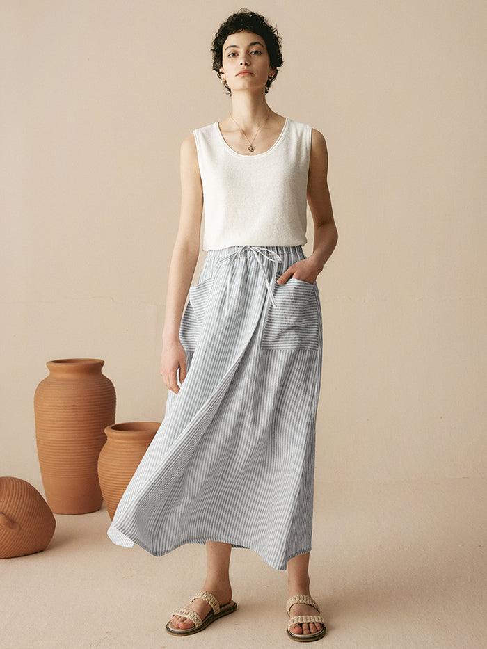 100% Striped Linen Long A-Line Skirt GABRIELLE