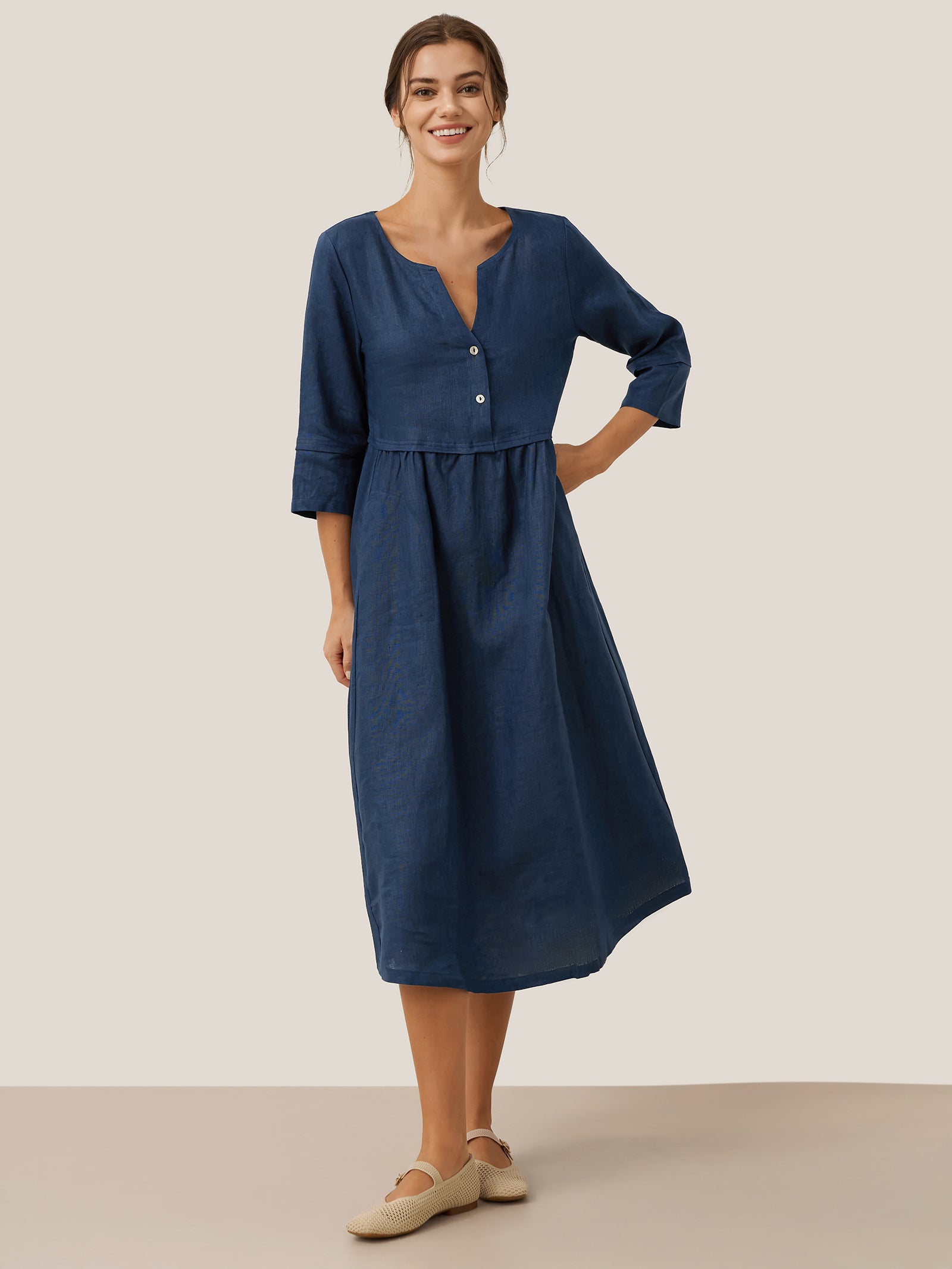 100% Linen Loose Fit Button Waist Gathered Maxi Dress LUNA