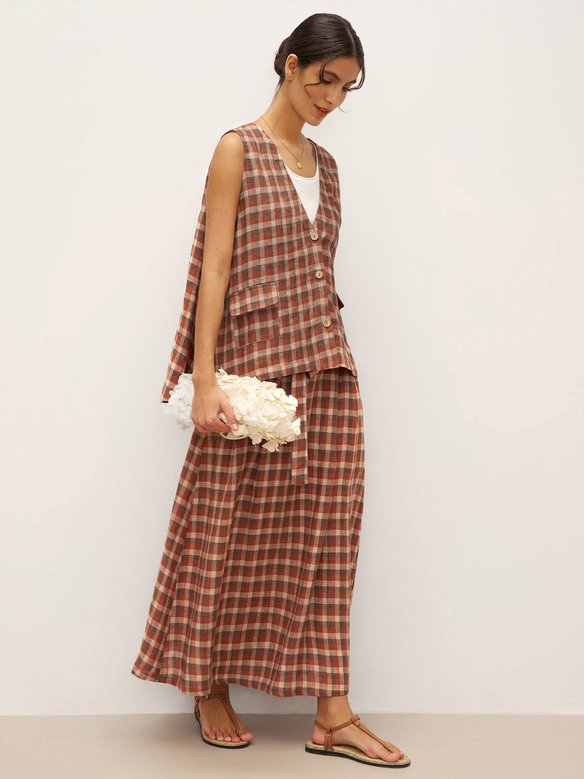 100% Linen V-Neck Checked Oversized Vest