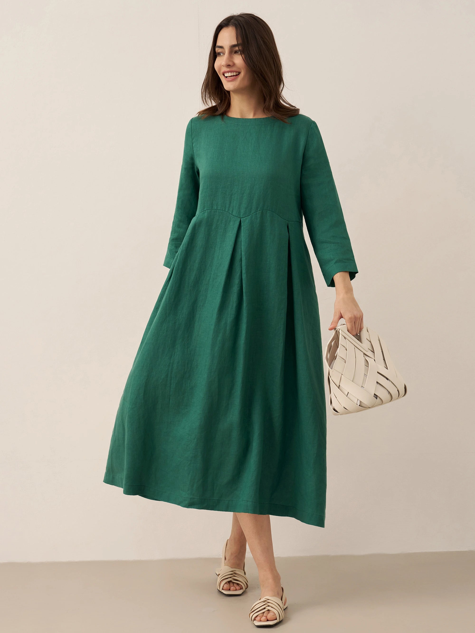 100% Linen Bateau Neck Pleated Maxi Dress