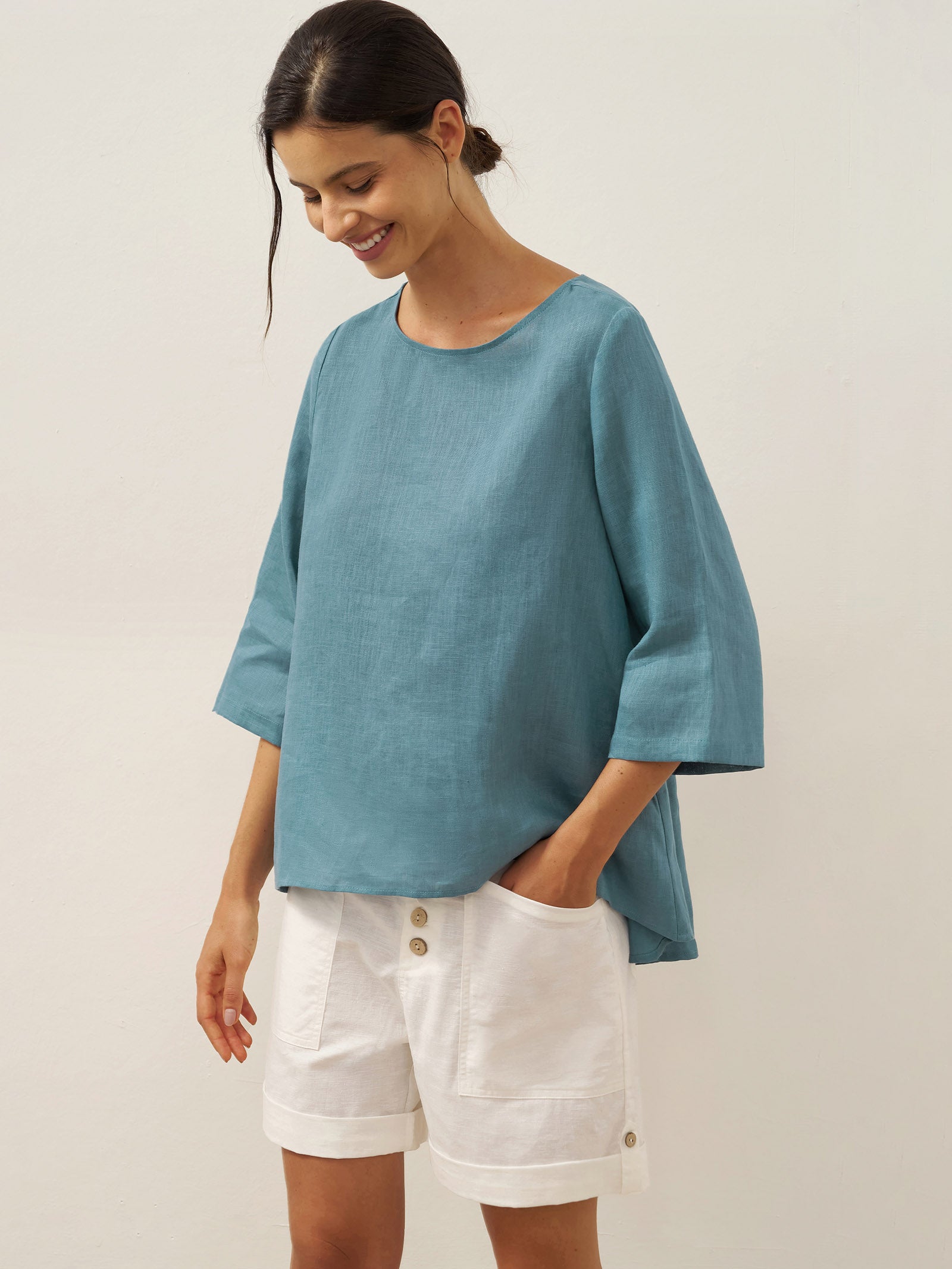100% Linen Round Neck Asymmetrical Hem Top BRIANNA