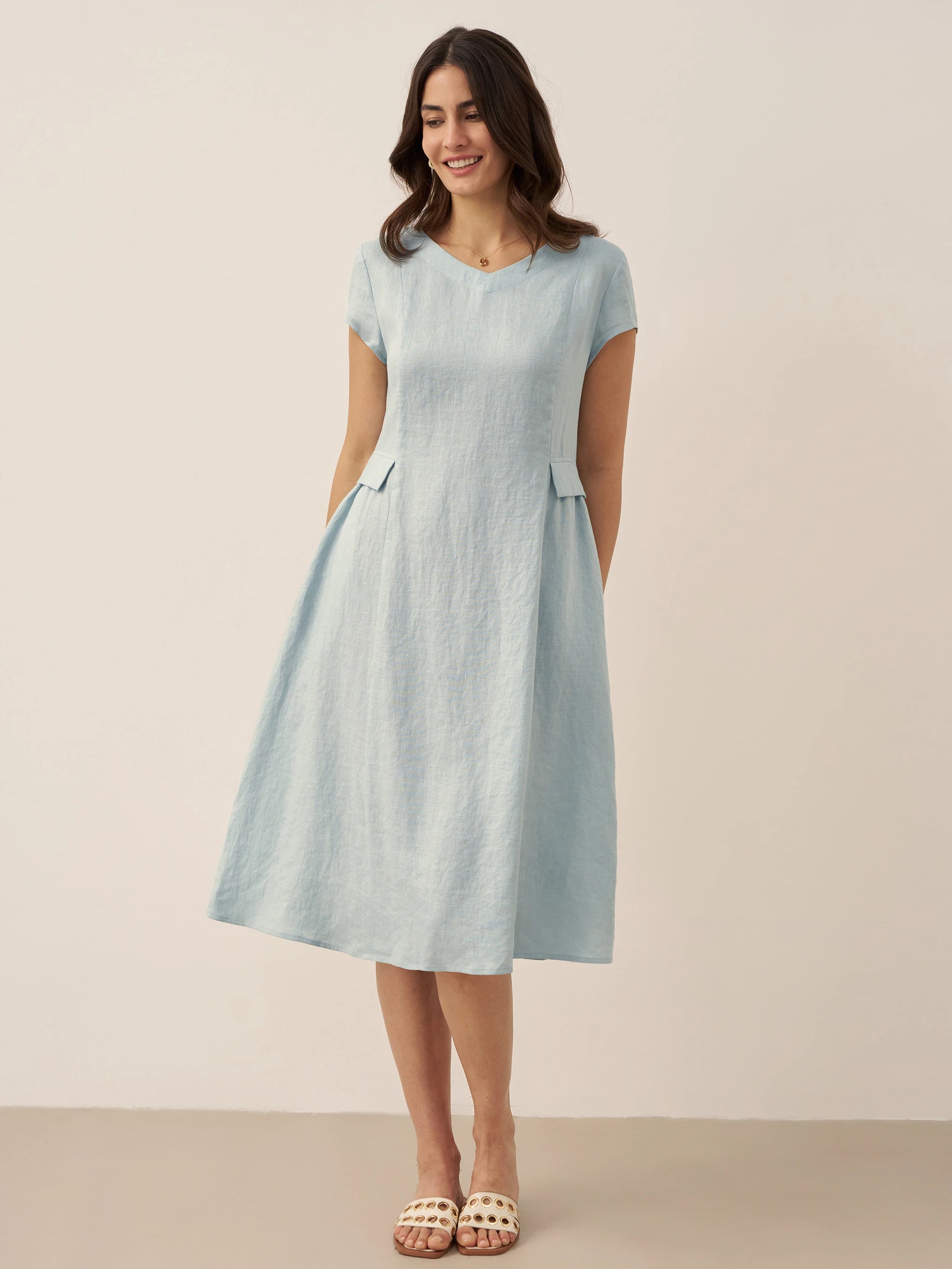 100% Linen Natural Summer V-Neck Dress ALEXA