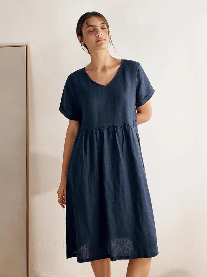 100% Linen V-Neck Waist Ruched Pocket Dress CHARLOTTE