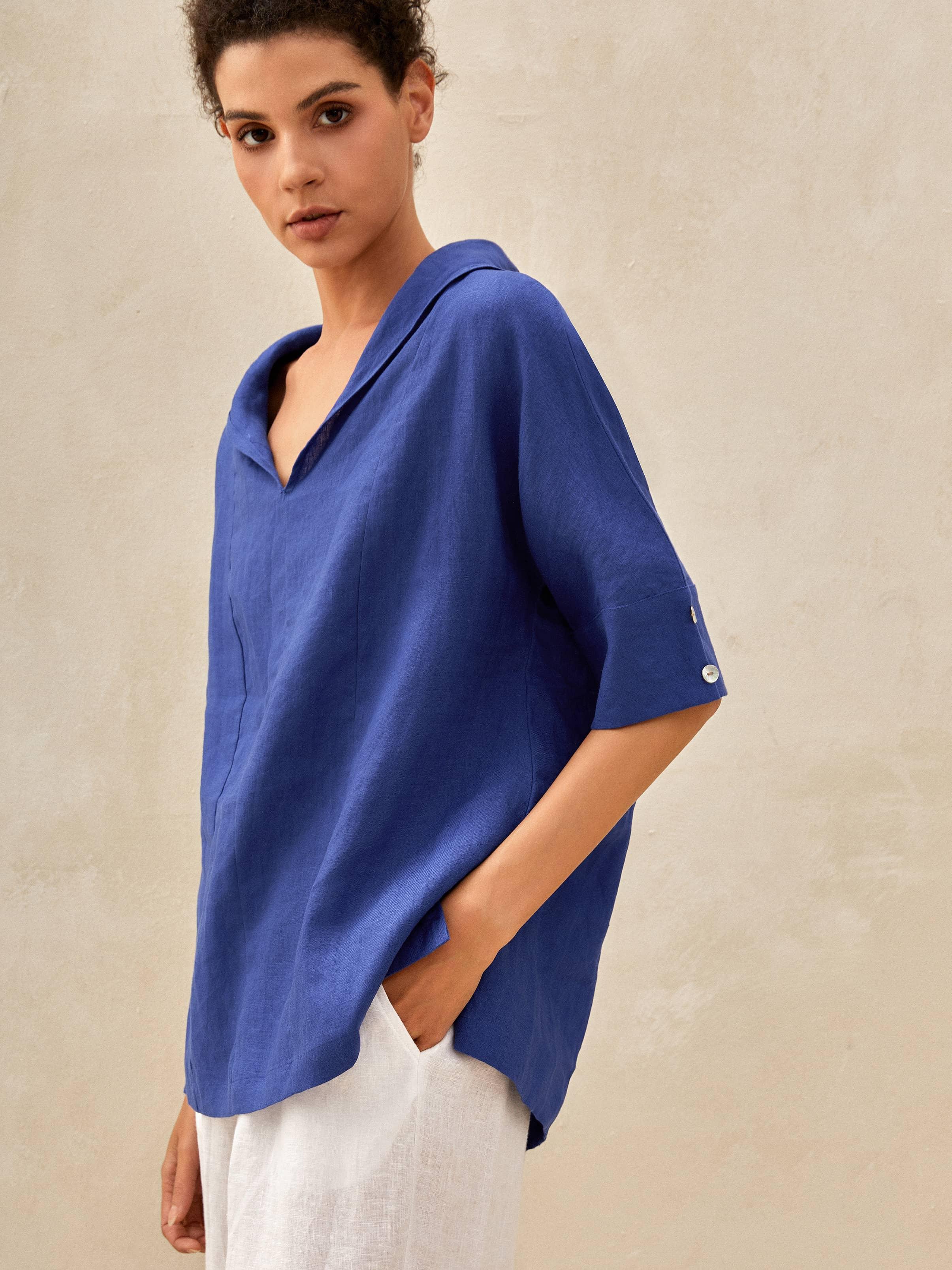 100% Linen V-Neck Short Sleeve Shirt