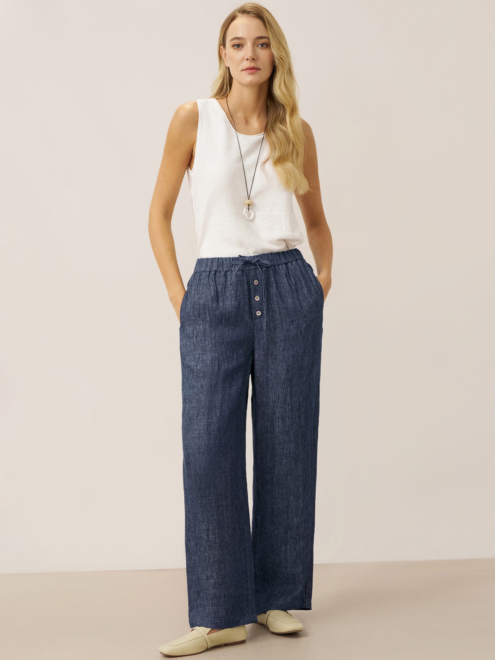 100% Linen Denim Texture Elastic Waist Straight Leg Pants HAZEL