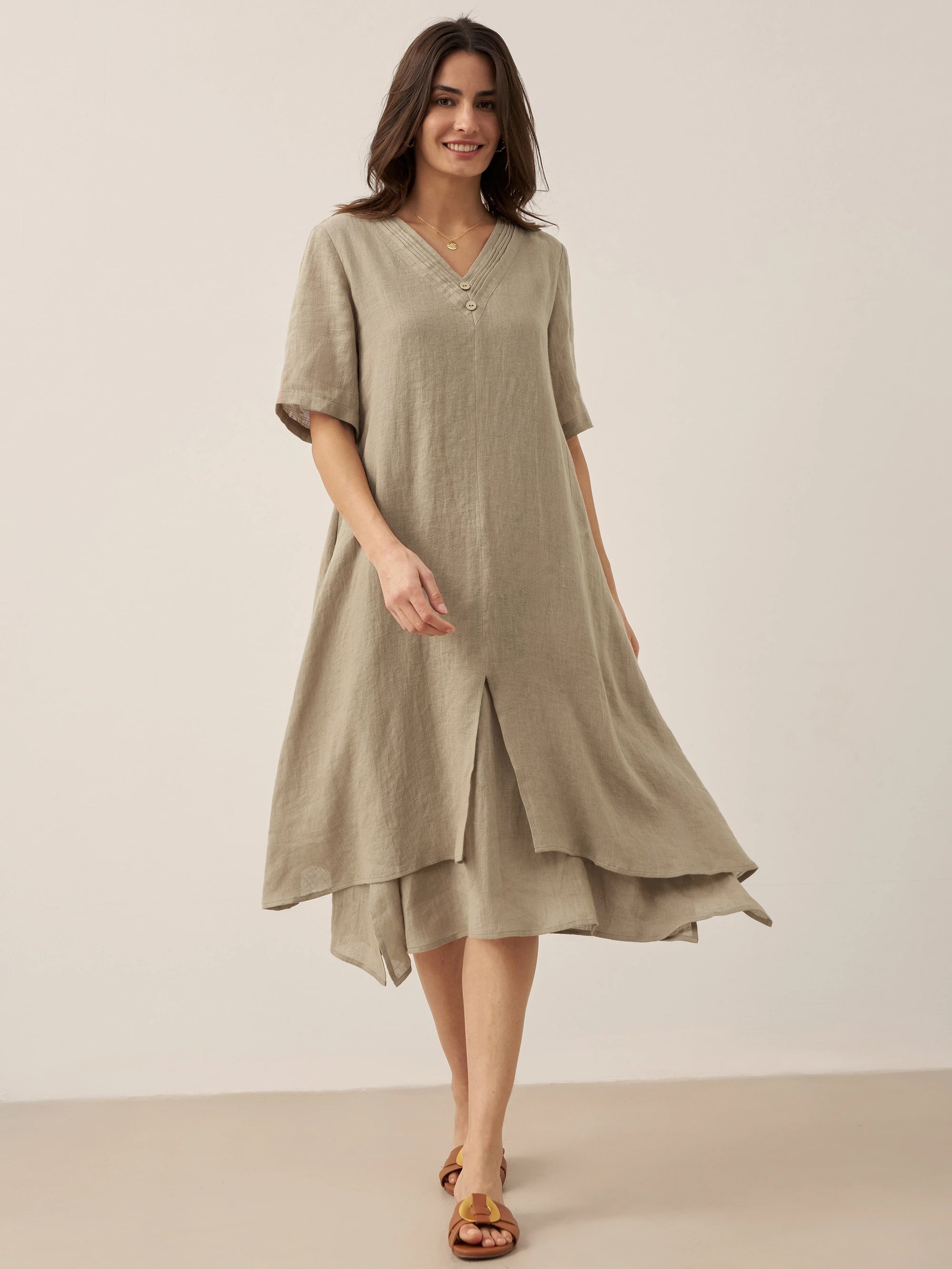 100% Linen V-Neck Double-Layer Midi Dress JAYDA