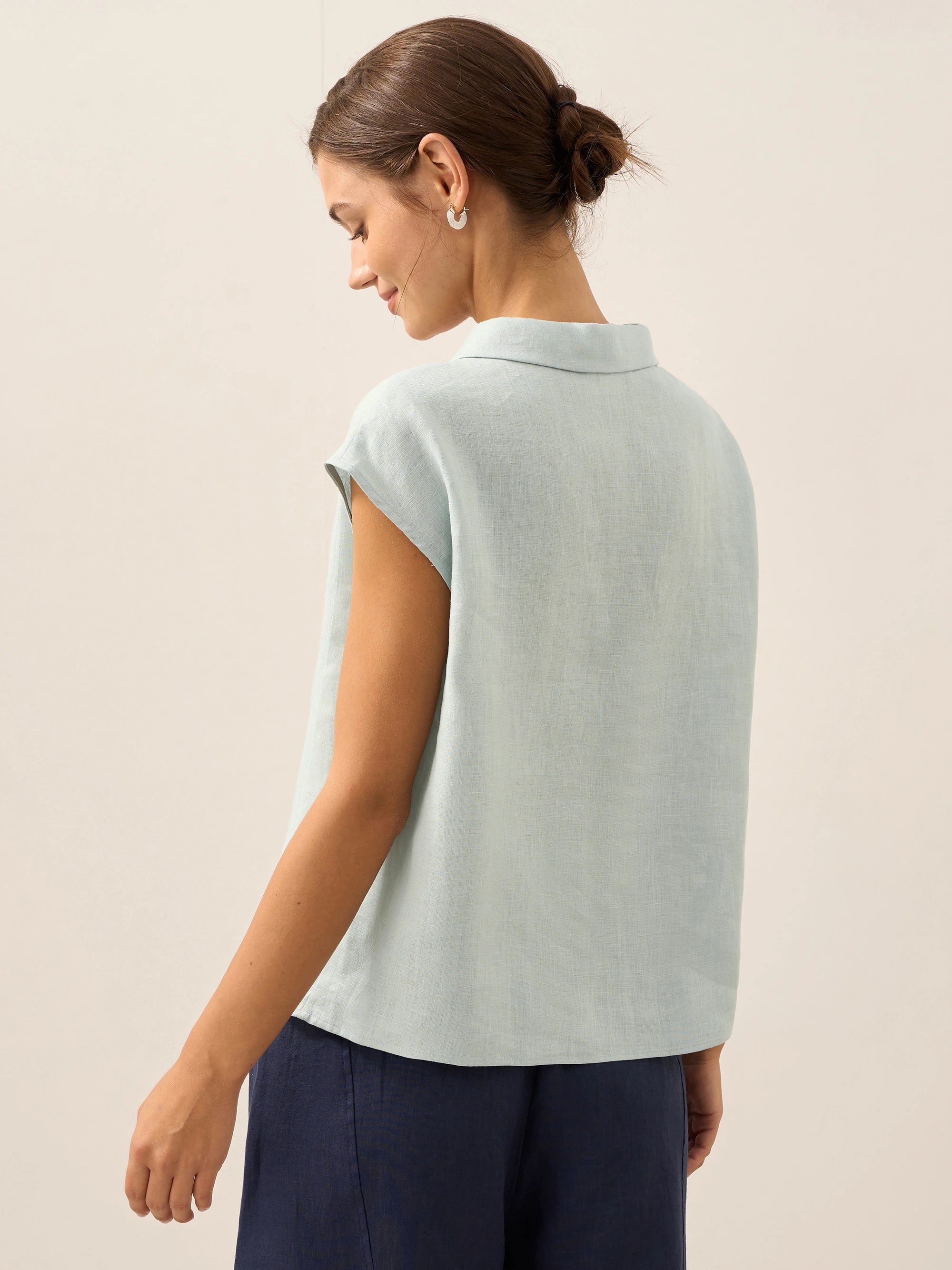 100% Linen Shawl V-Neck Cap Sleeves Top ELARA