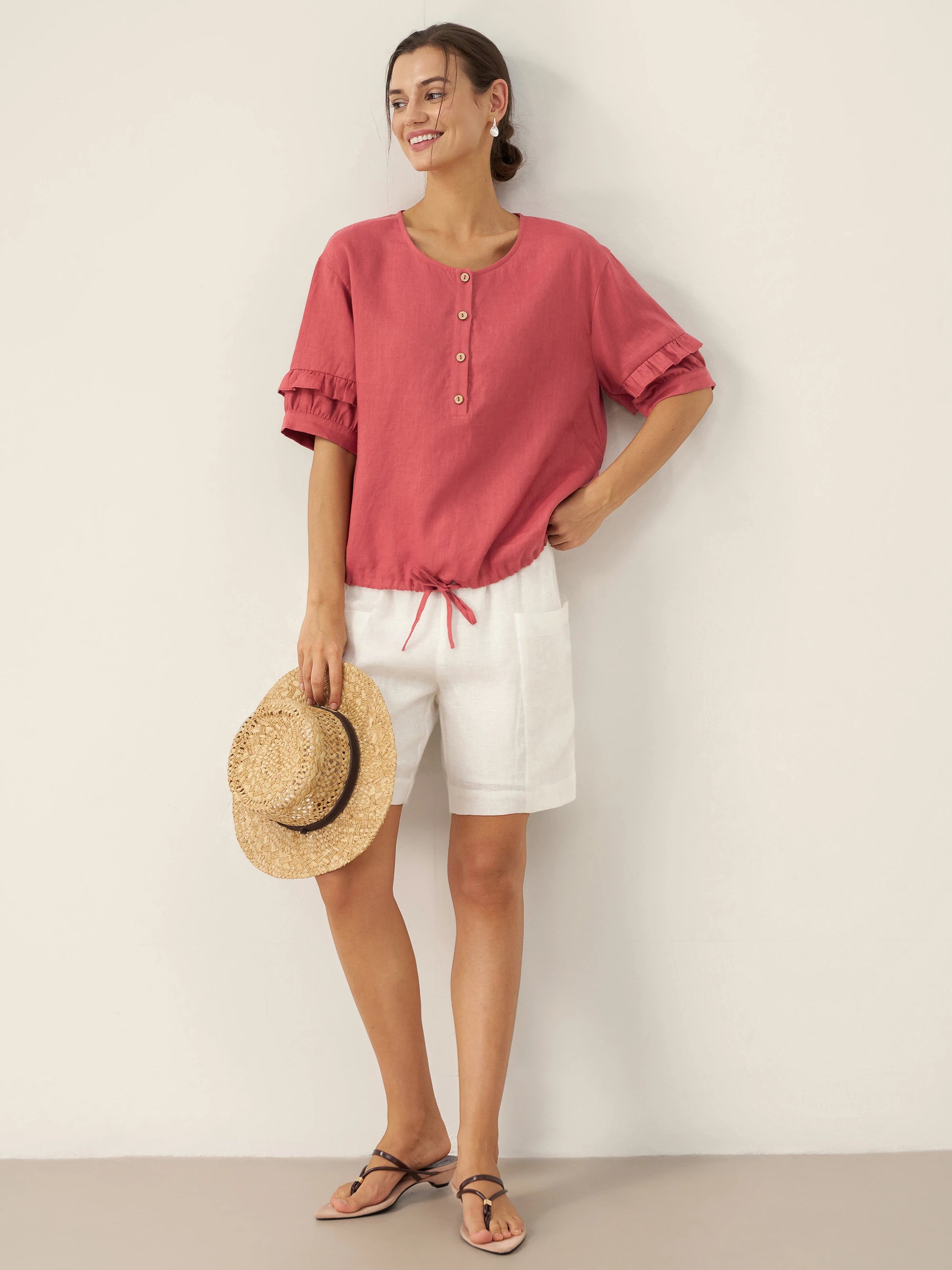 100% Linen Flutter Sleeve Drawstring Top