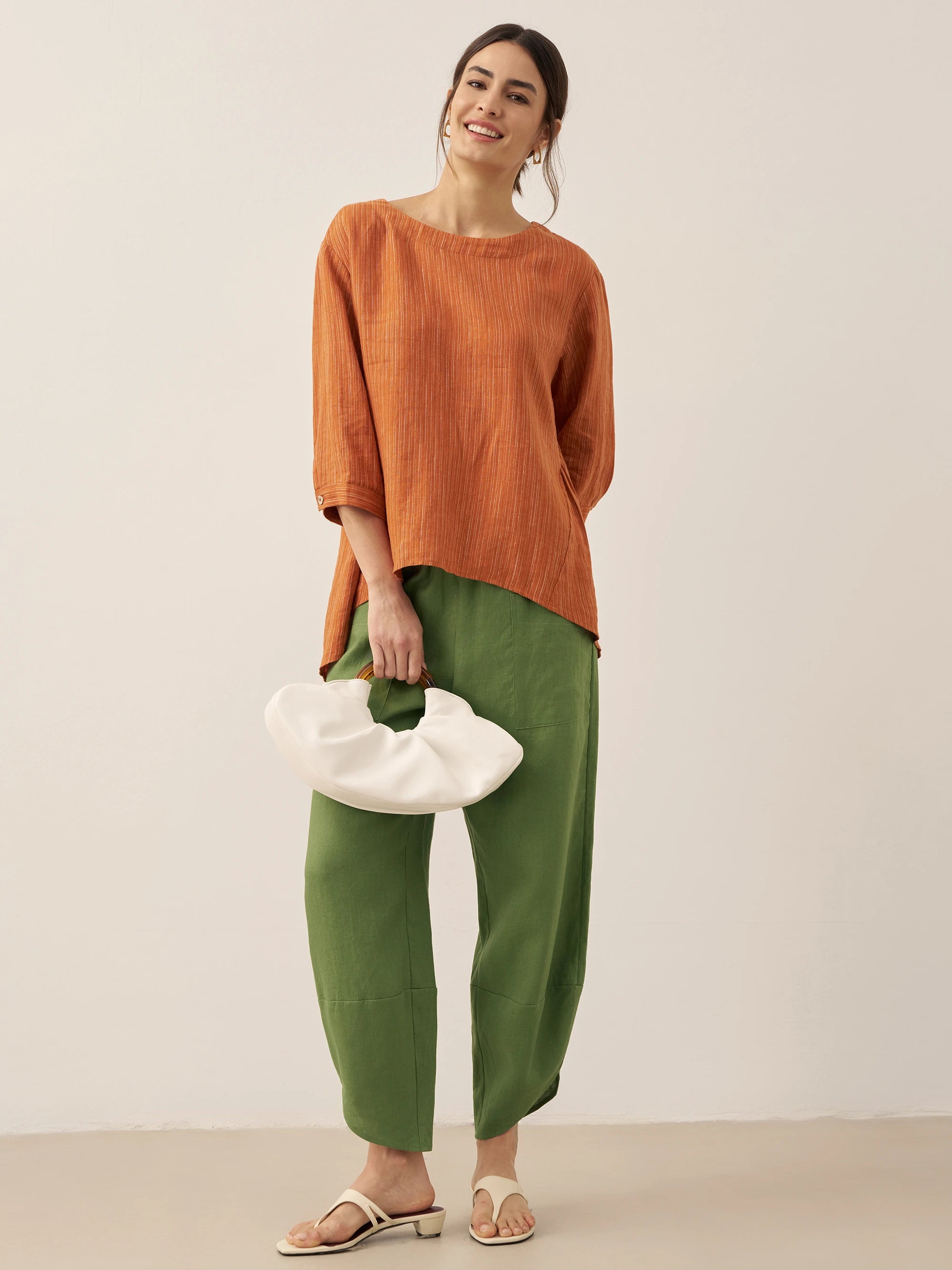 100% Linen Round Neck Artistic Stripe Top FLORENCE