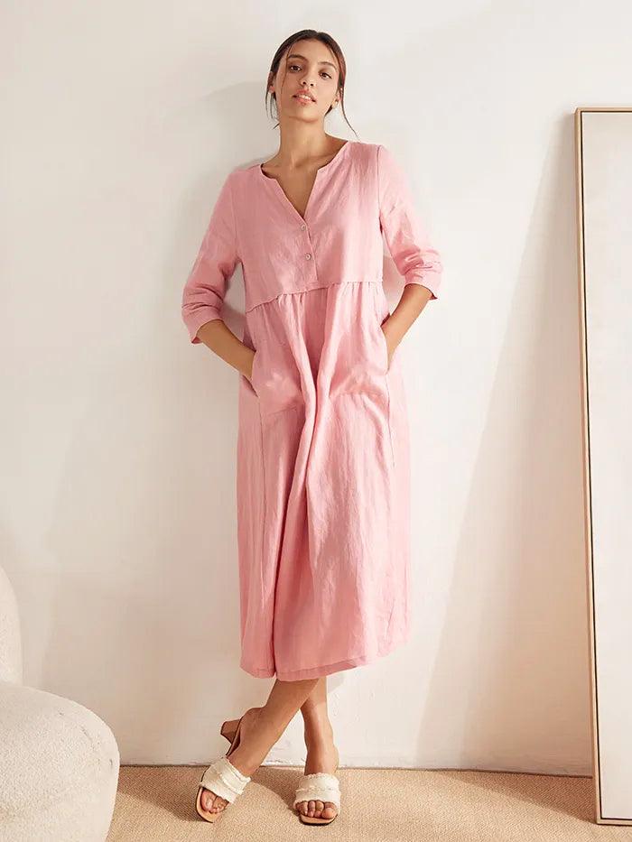 100% Linen Loose Fit Button Waist Gathered Maxi Dress LUNA