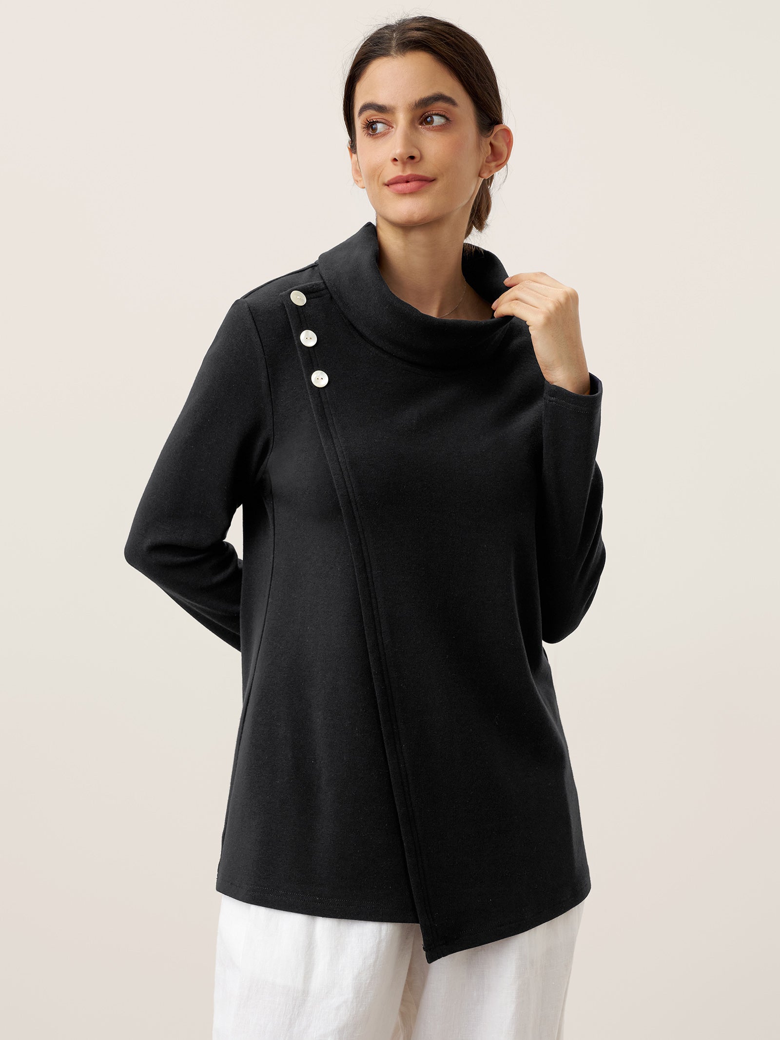 Mock Neck Buttoned Stretch Top