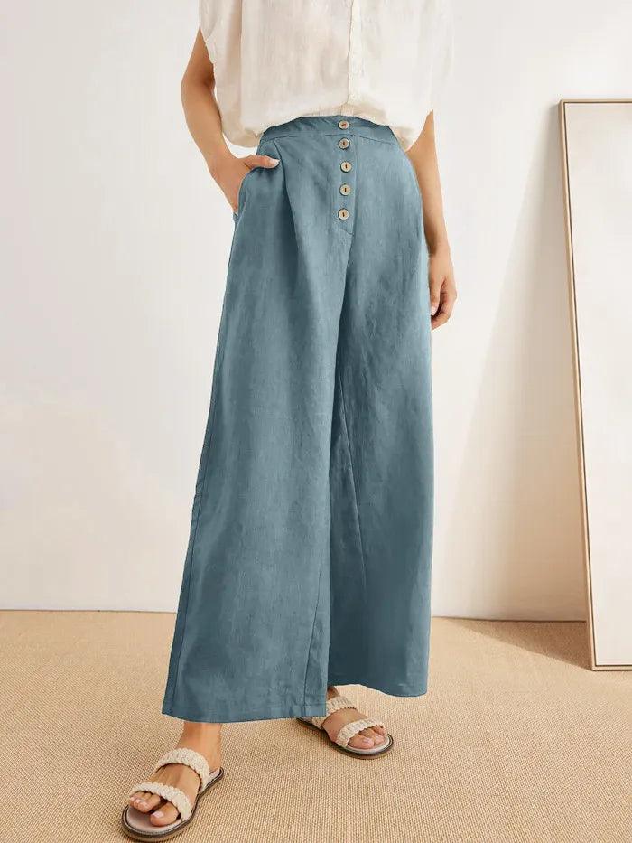 100% Linen Button-Fly Wide-Leg Pants LILA