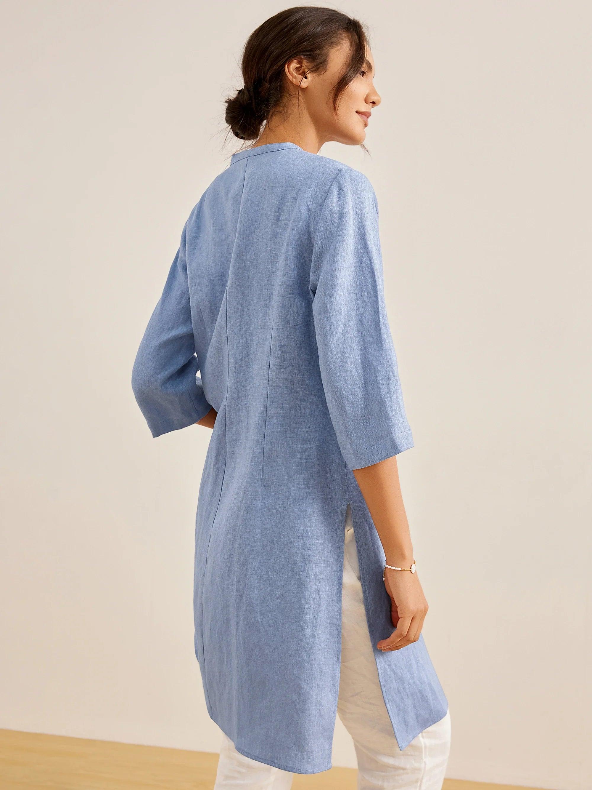 100% Linen Hand Button Long Top DILLON