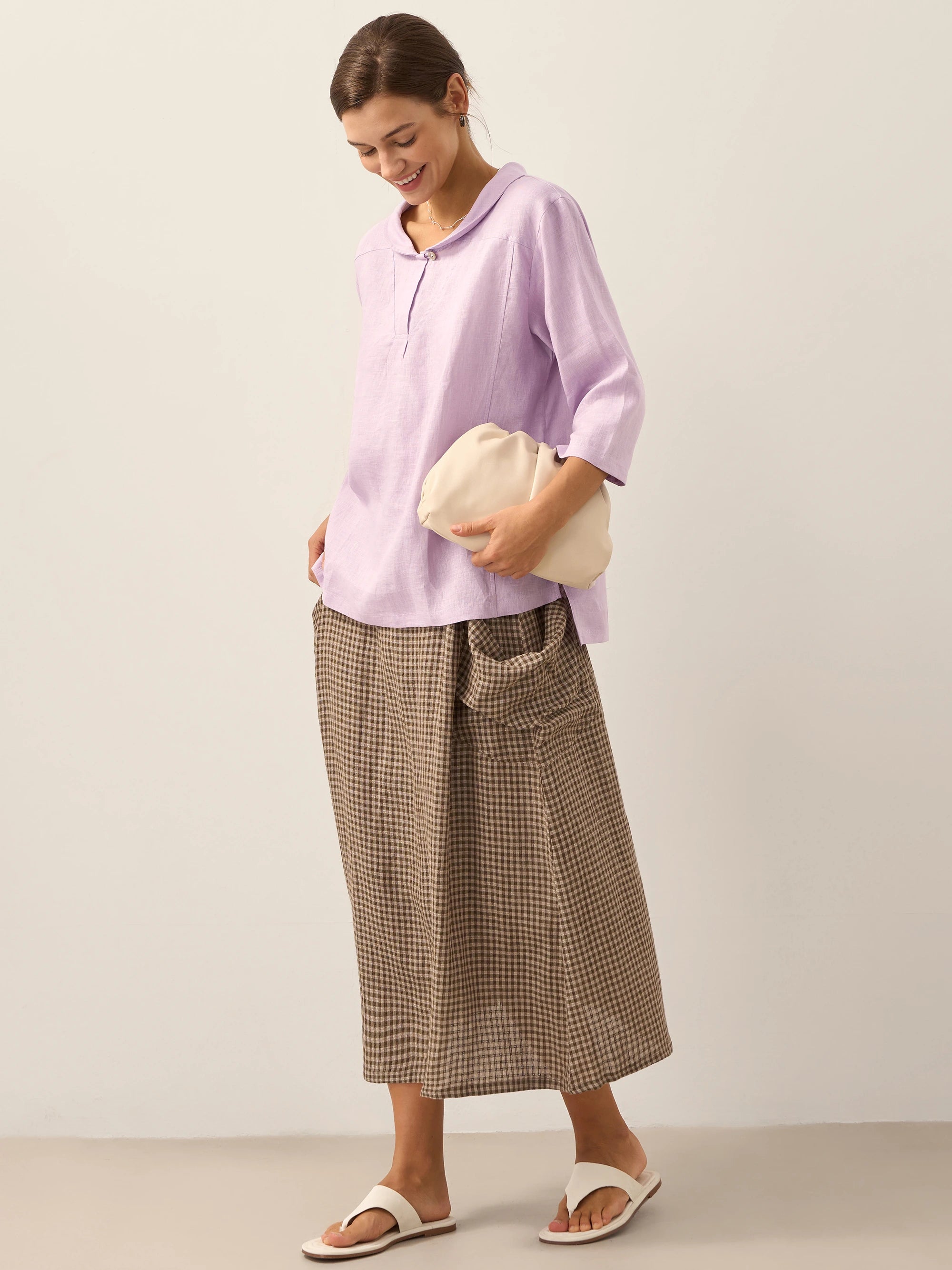 100% Linen Shawl V-Neck Half Sleeve Top JADE