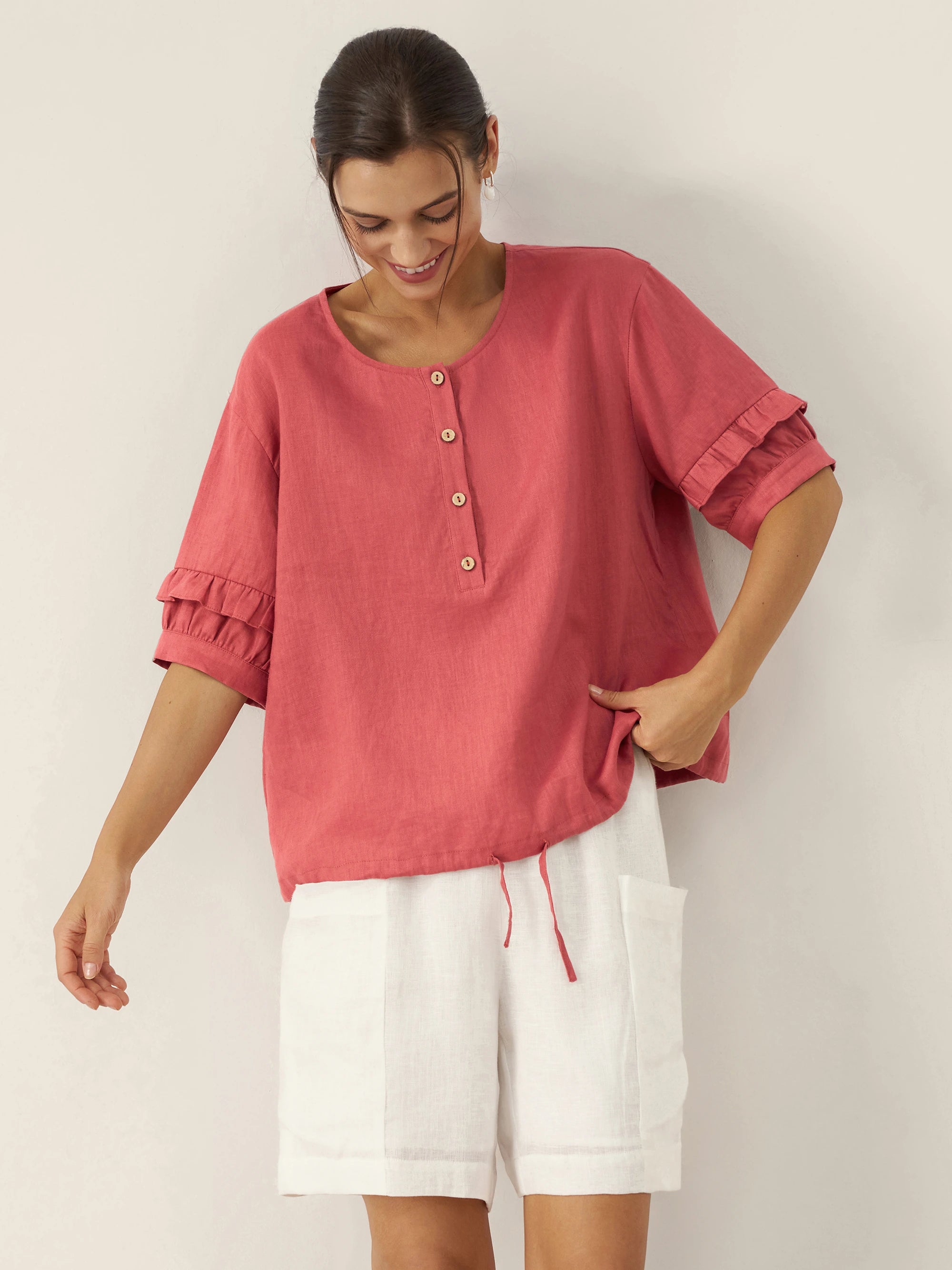 100% Linen Flutter Sleeve Drawstring Top