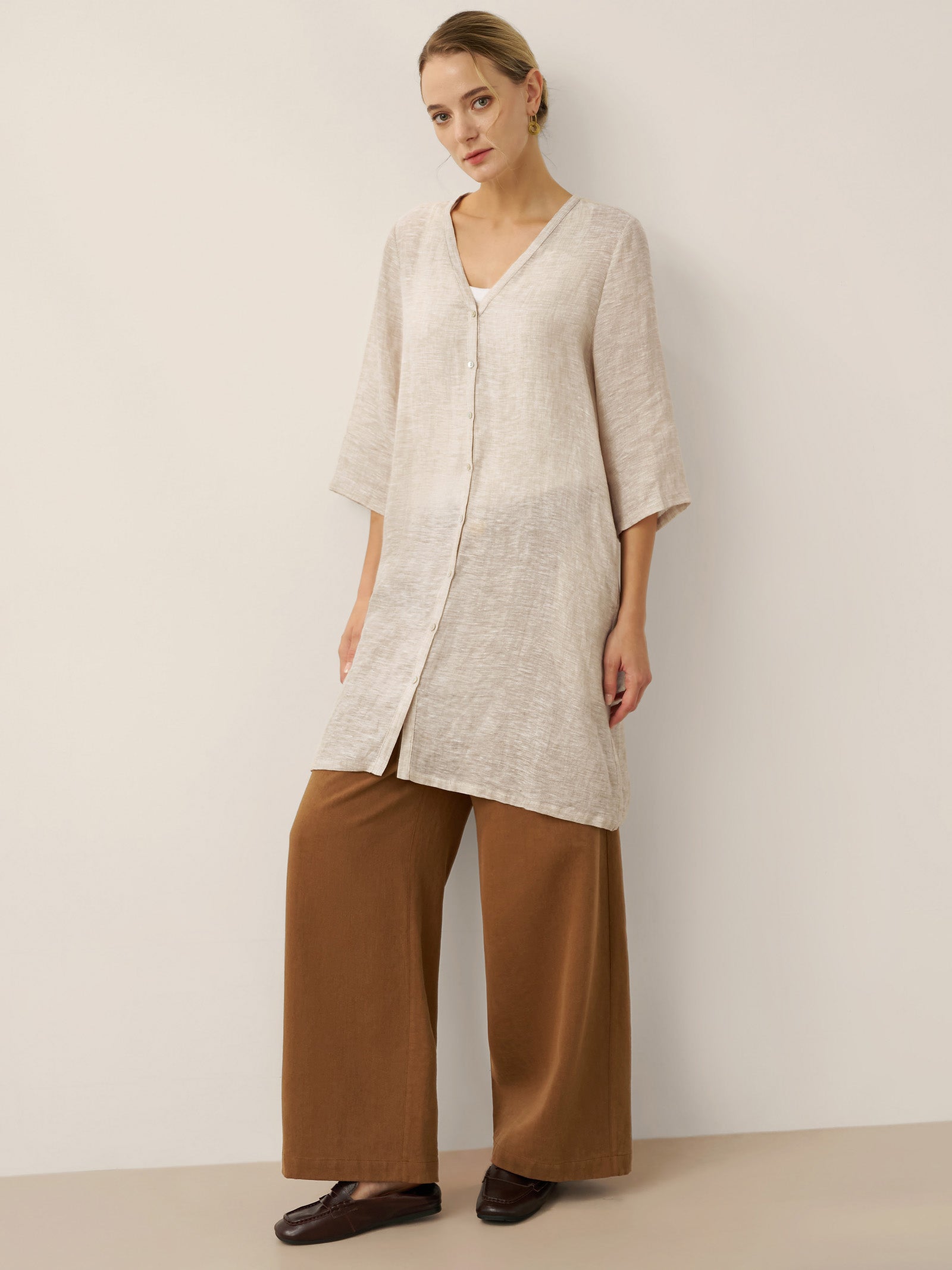 100% Linen Button Front Three-Quarter Sleeve Top