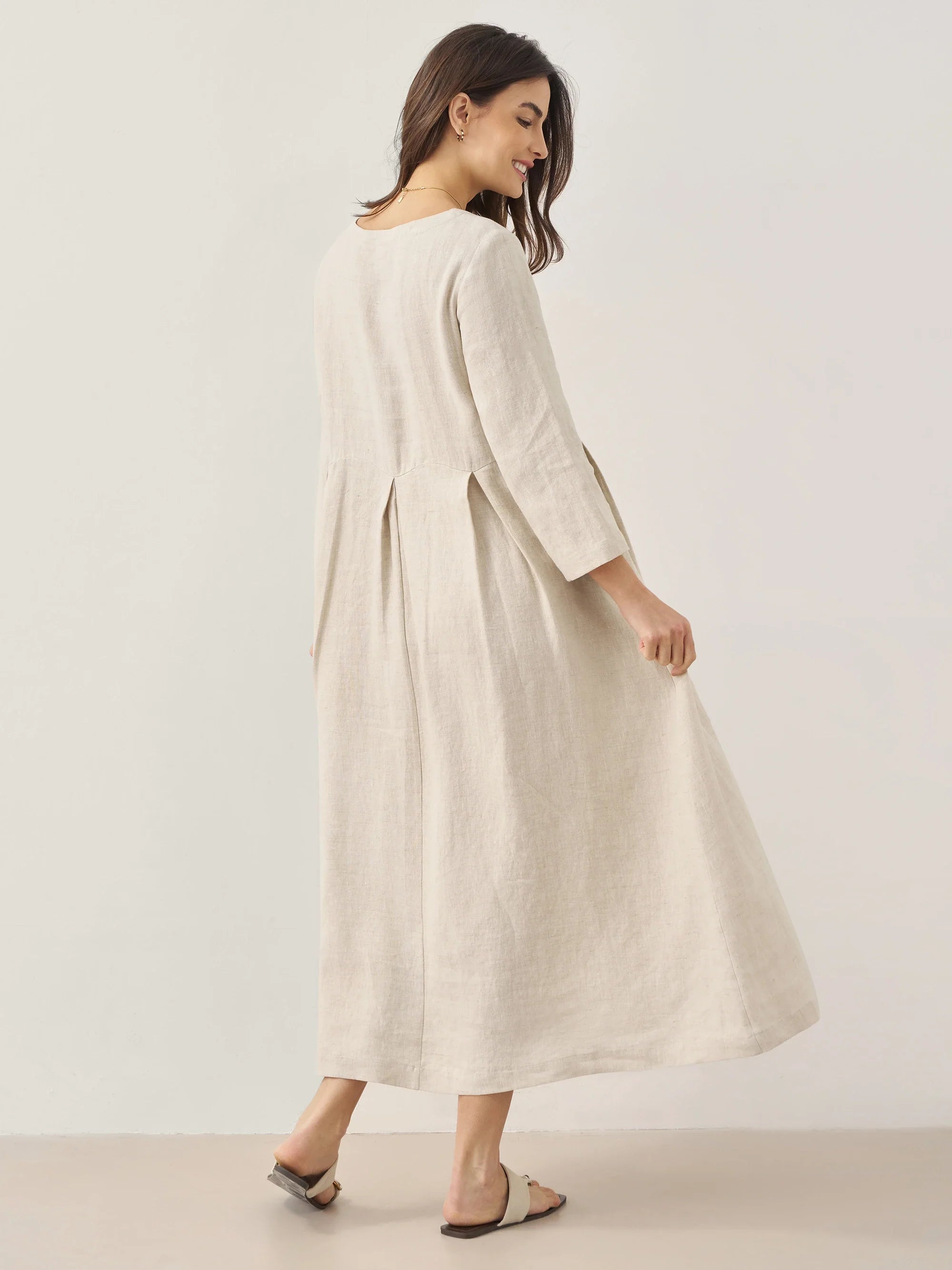 100% Linen Bateau Neck Pleated Maxi Dress
