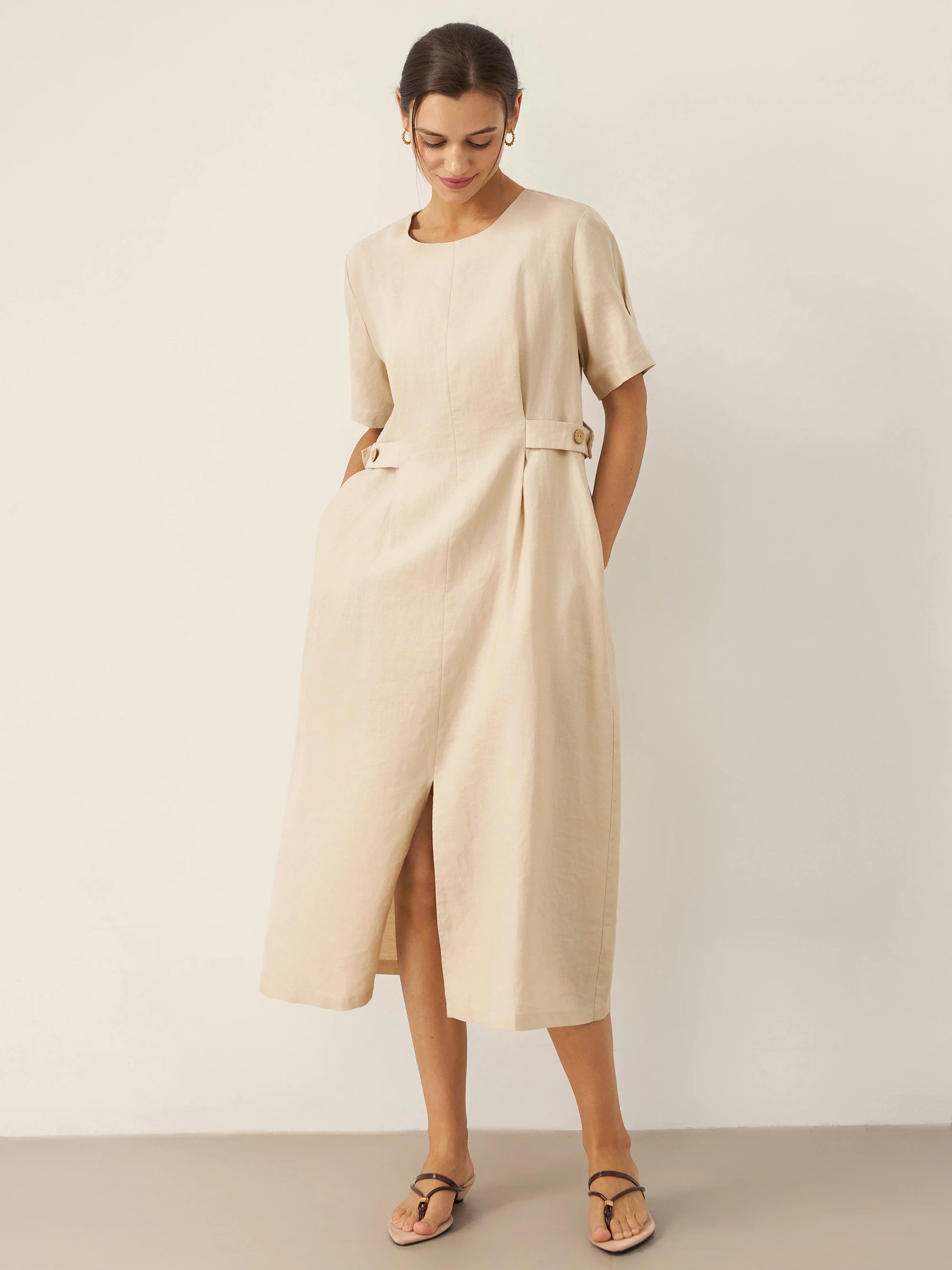 100% Linen Round Neck Button-Tie Maxi Dress XANDRA