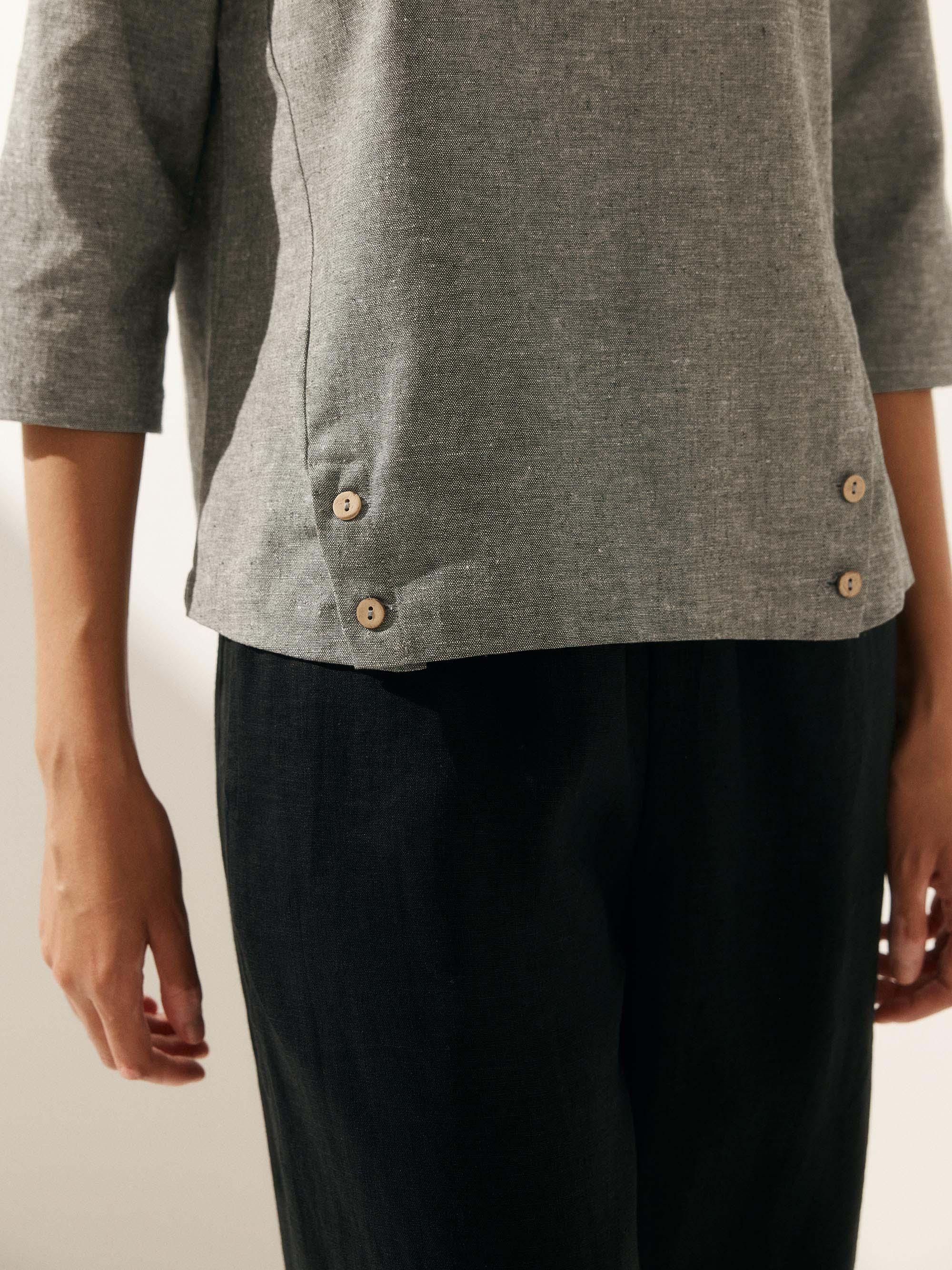 Linen Gingham Checked Round Soft-Fold Collar Top LAURA