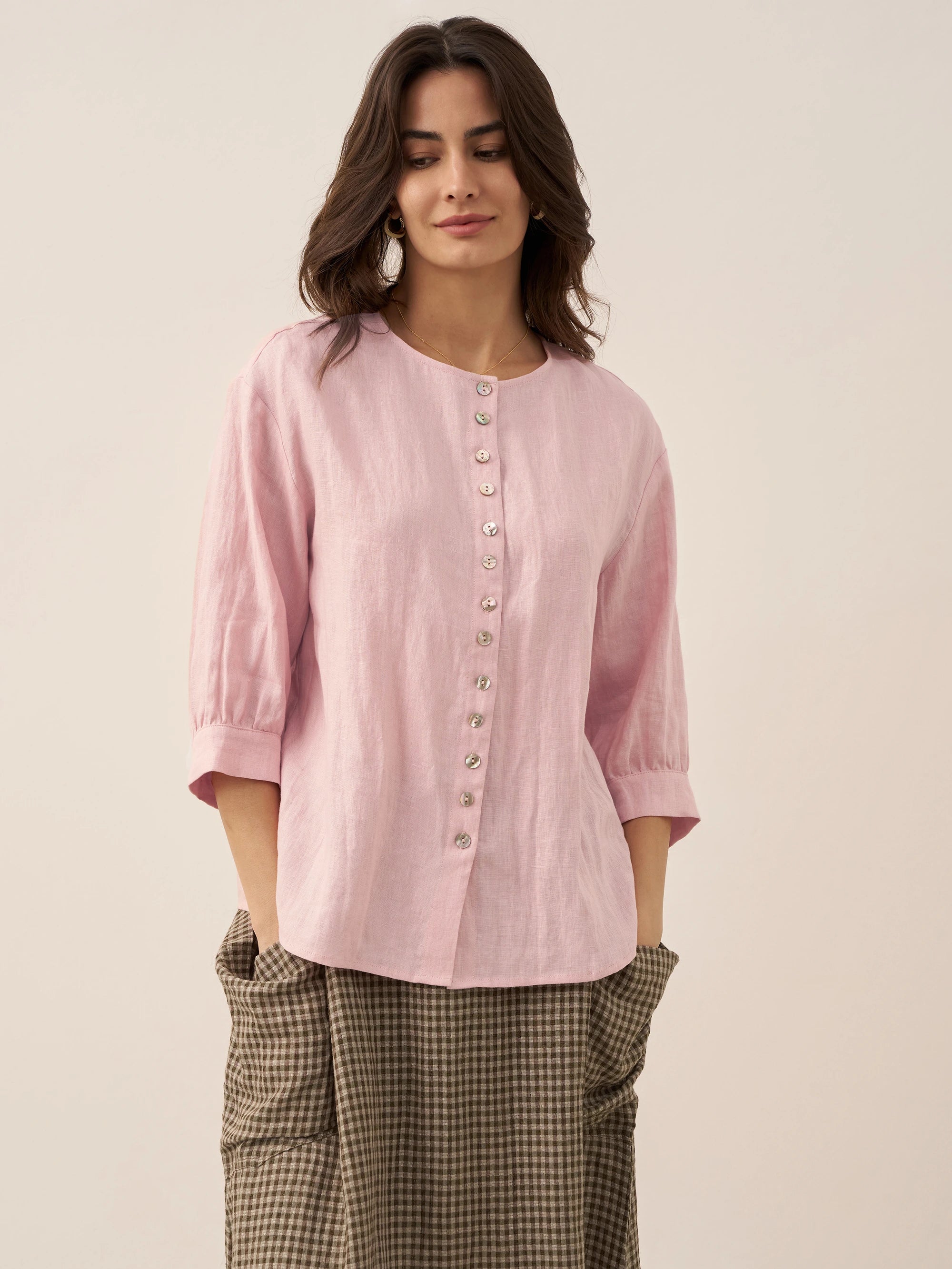 100% Linen Button-Front Drop Shoulder Shirt EASTER