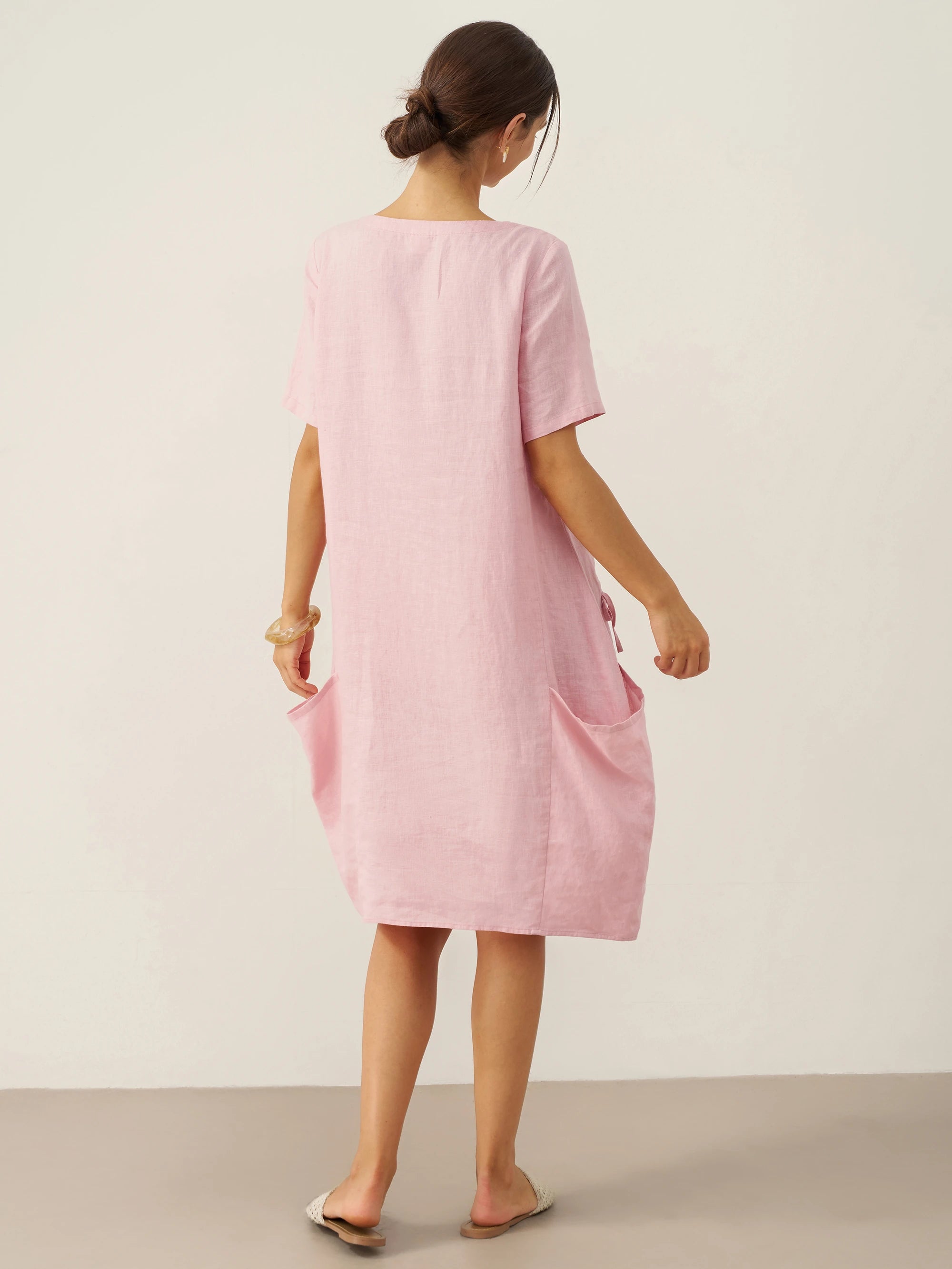 100% Linen Round Neck Patch Pocket Midi Dress XENA