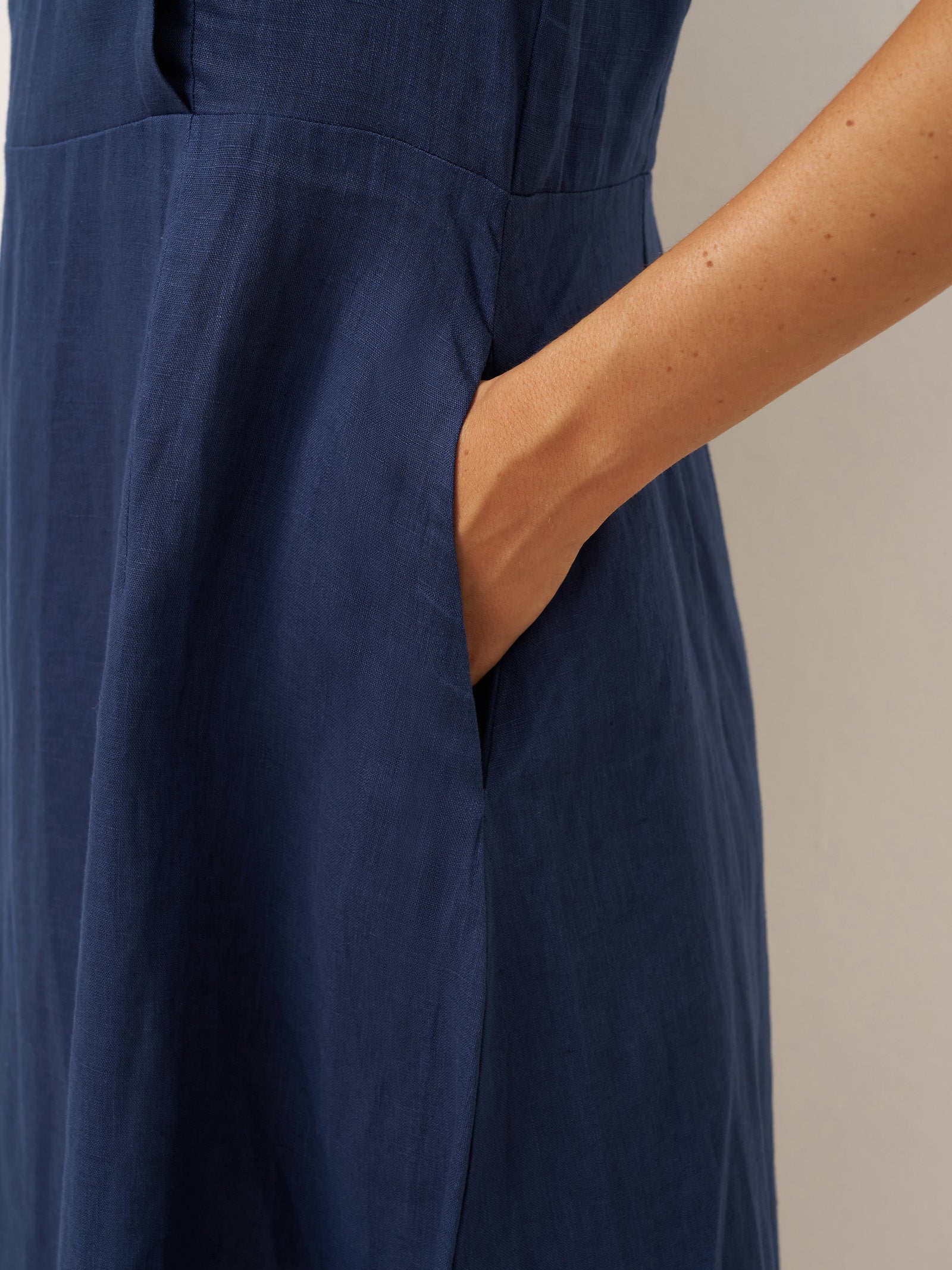 100% Linen Crescent Collar Flutter Sleeve Midi Dress FIONA