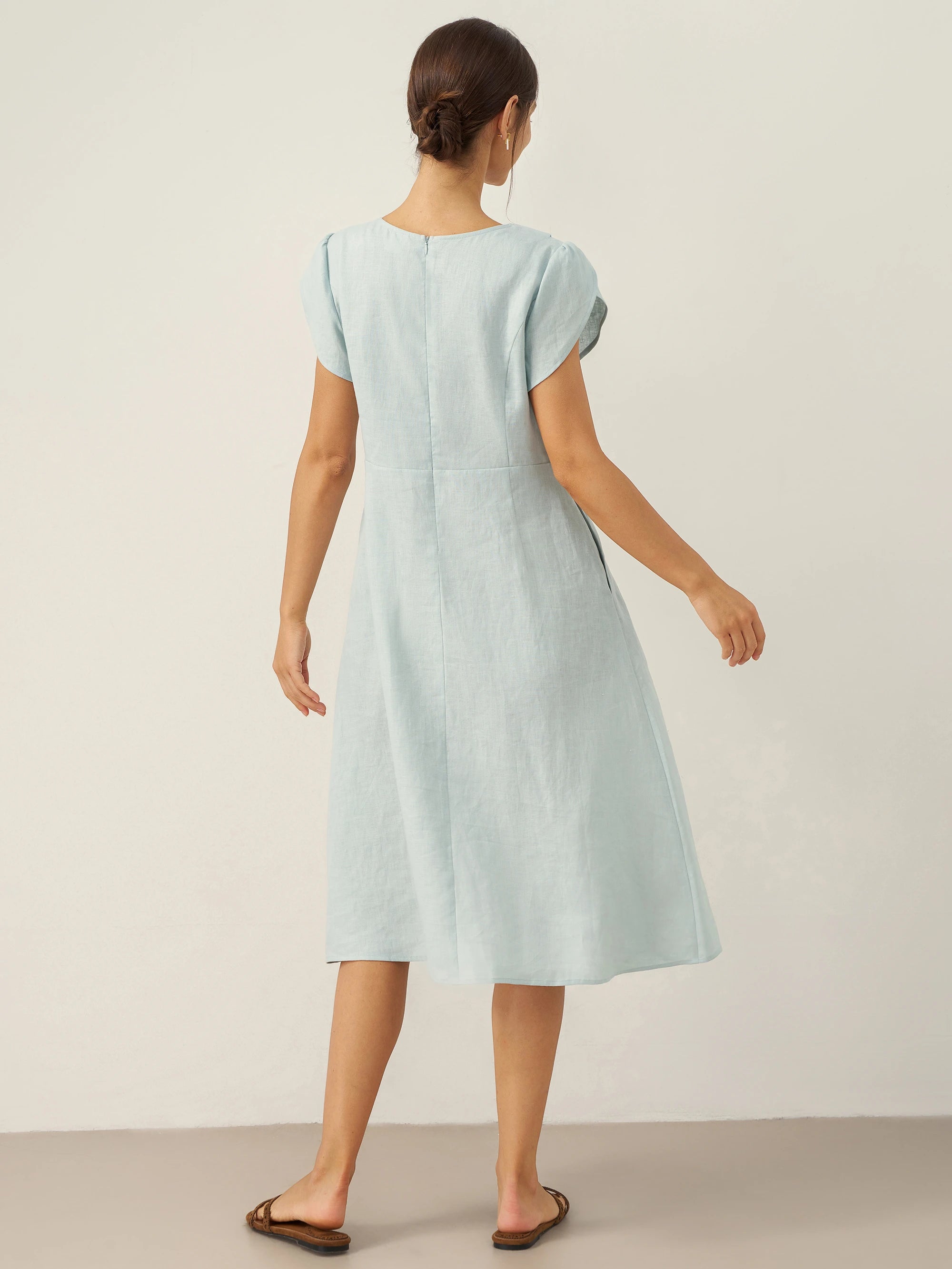 100% Linen Crescent Collar Flutter Sleeve Midi Dress FIONA