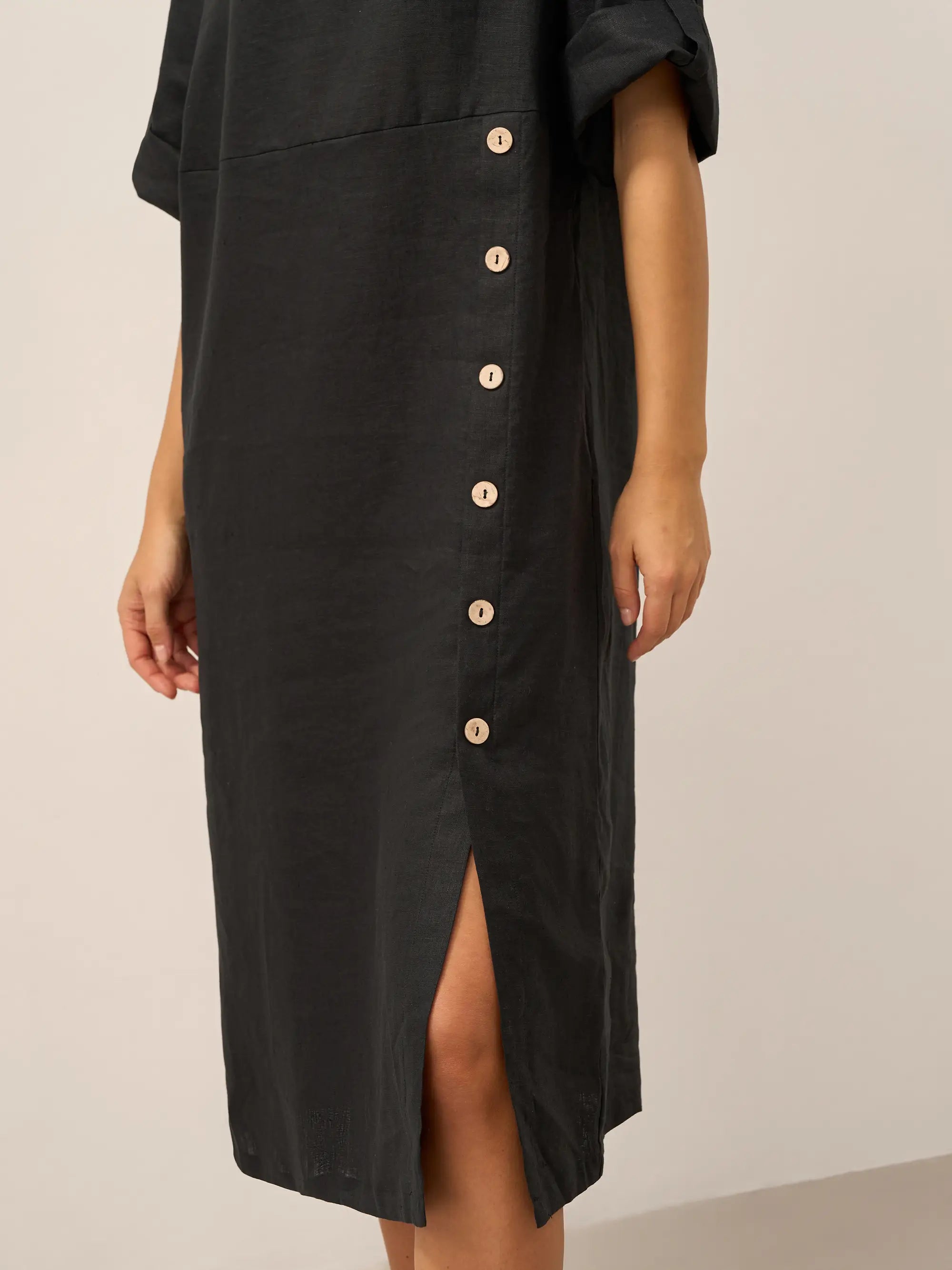 100% Linen Round Neck Button Detail Midi Dress JELENA